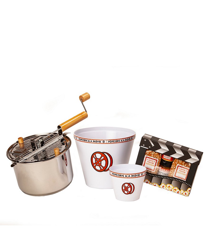 Wabash Valley Farms Stainless Steel Whirley Pop with Movie Clapboard Gift Set and Popcorn Buckets