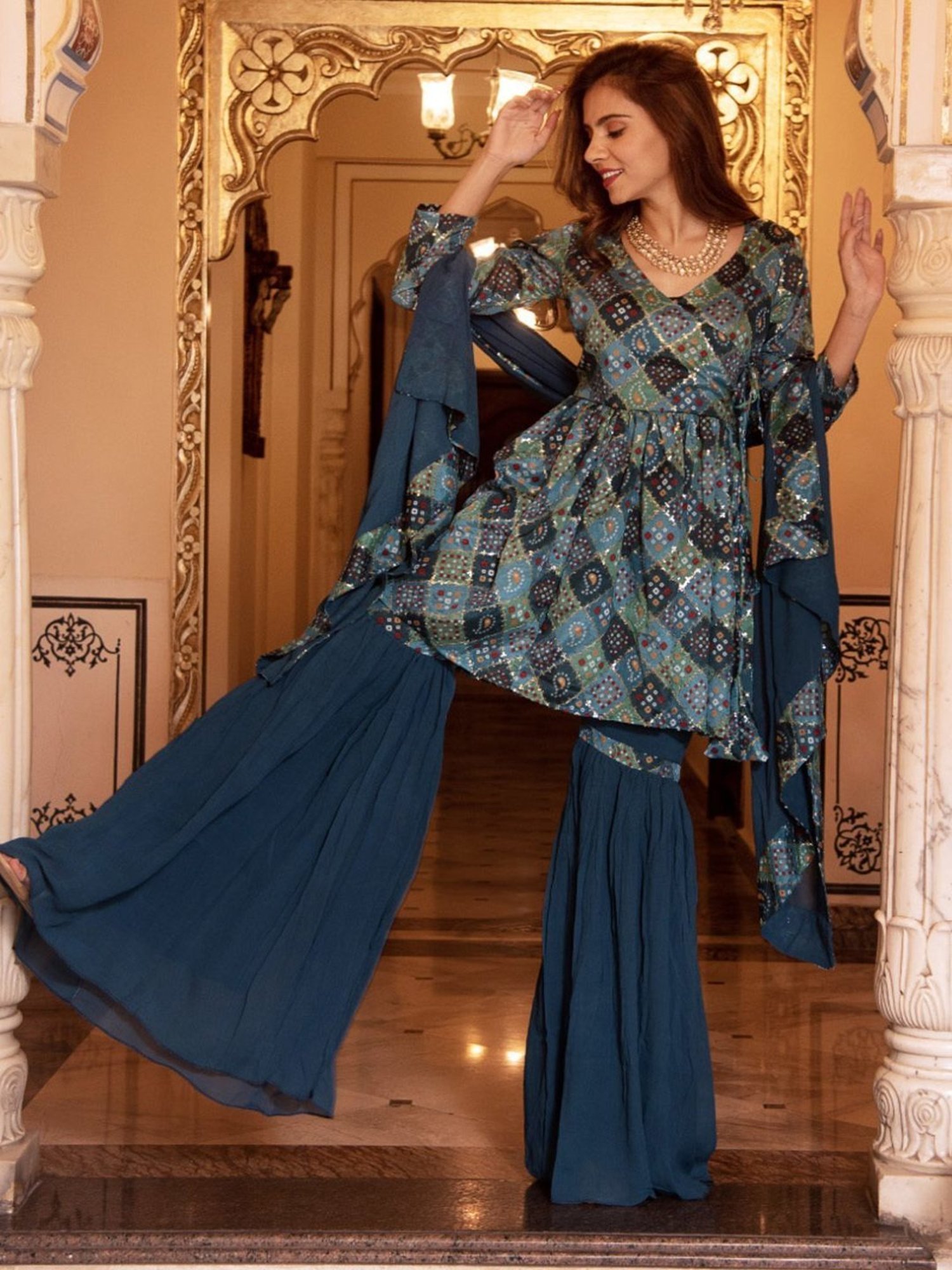 Calmna Naaz Sequin Blue Georgette Kurta Sharara Set