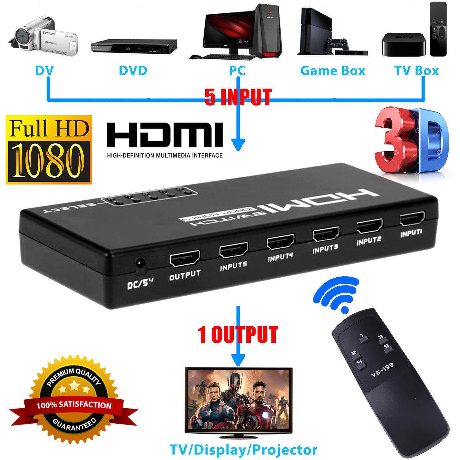 5-Port 4K 1080P HDMI Switch Switcher Selector Splitter +Remote For HDTV PS3 DVD