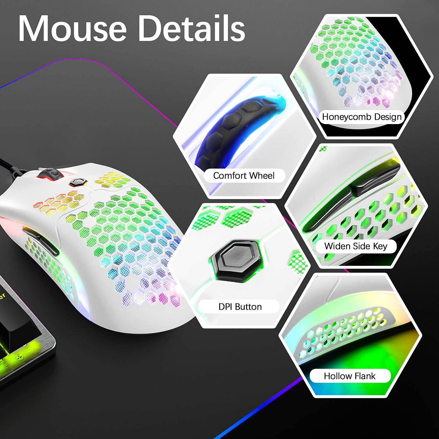 Wired Lightweight Gaming Mouse,26 RGB Backlit Mice with 7 Buttons Programmable Driver,PAW3325 12000DPI Mice,Ultralight Honeycomb Shell Ultraweave Cable Mouse for PC Gamers and Xbox and PS4 Users