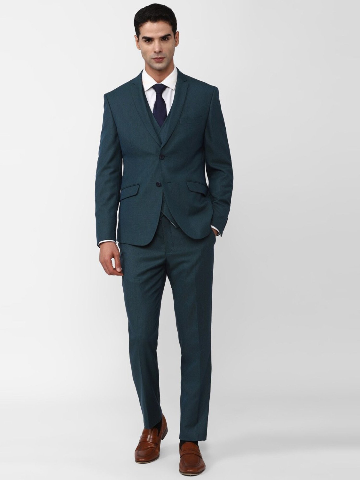 Van Heusen Navy Skinny Fit Checks Three Piece Suit