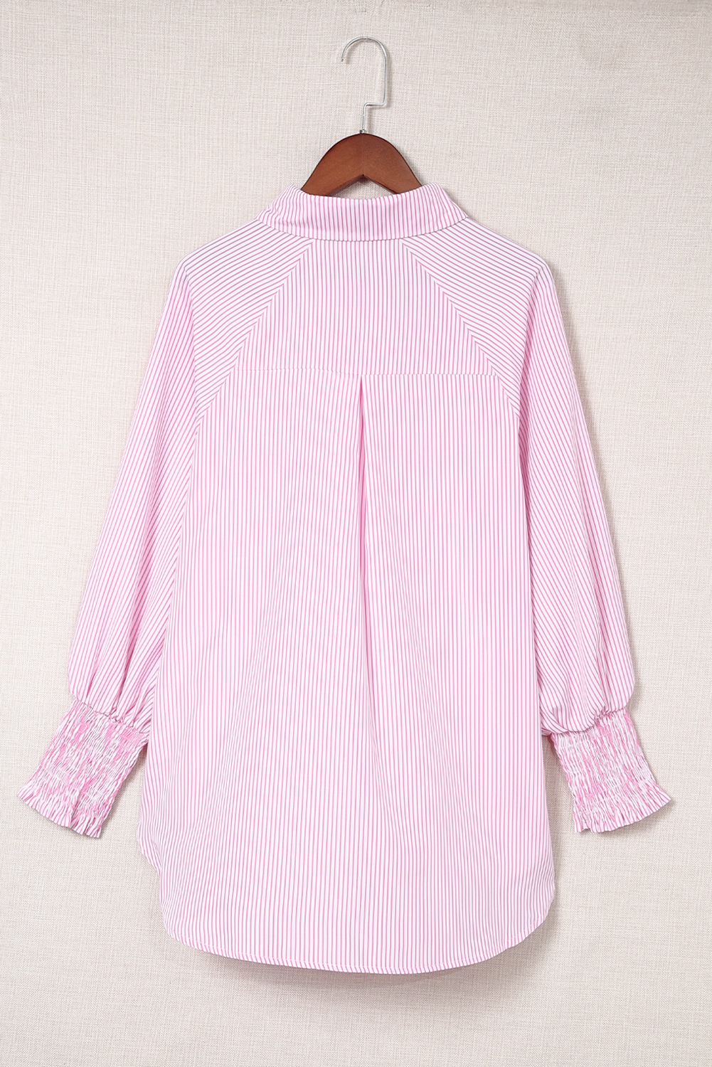 Pink Striped Casual Shirred Cuffs Shirt