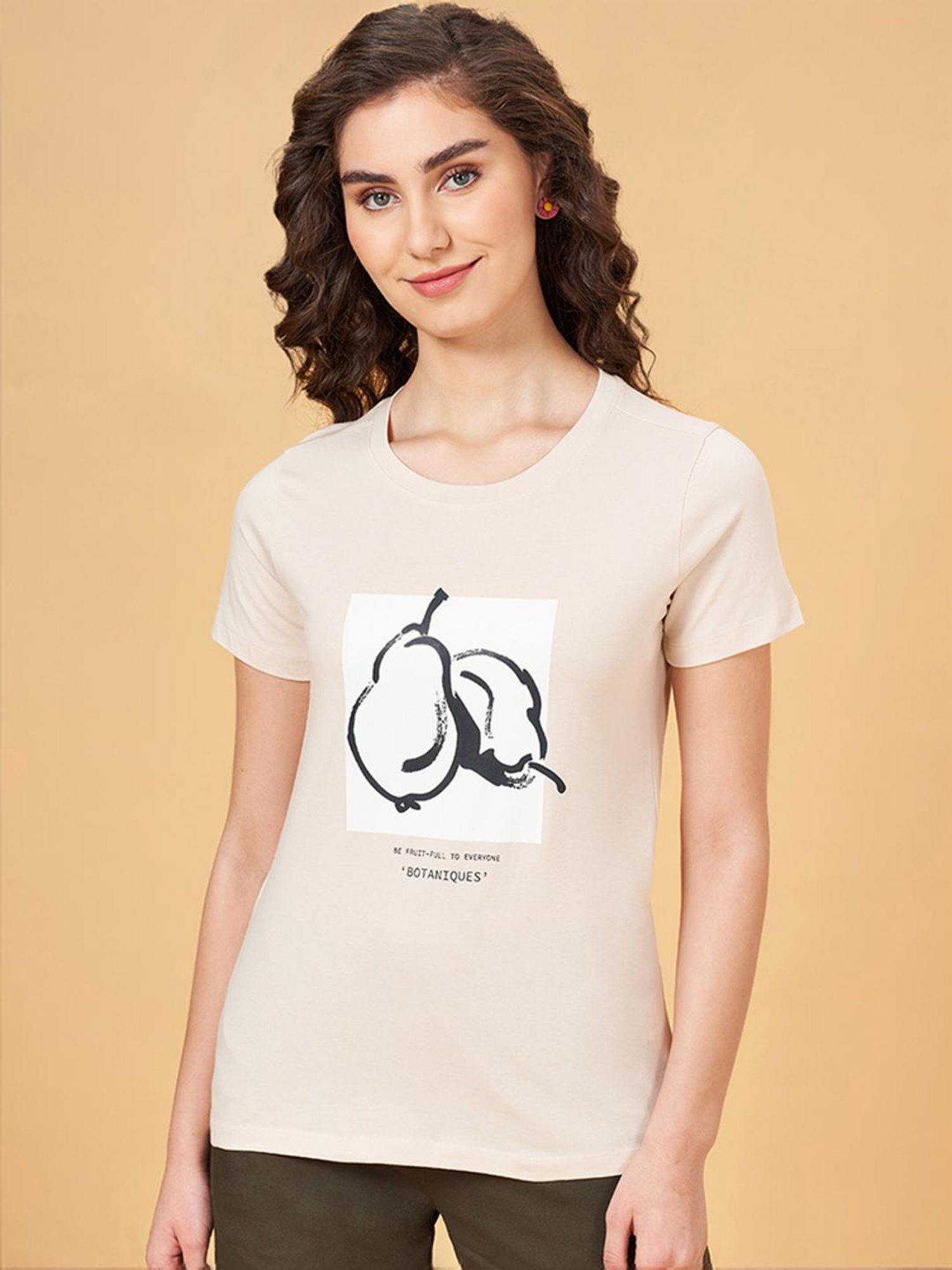 Honey by Pantaloons Beige Cotton Printed T-Shirt