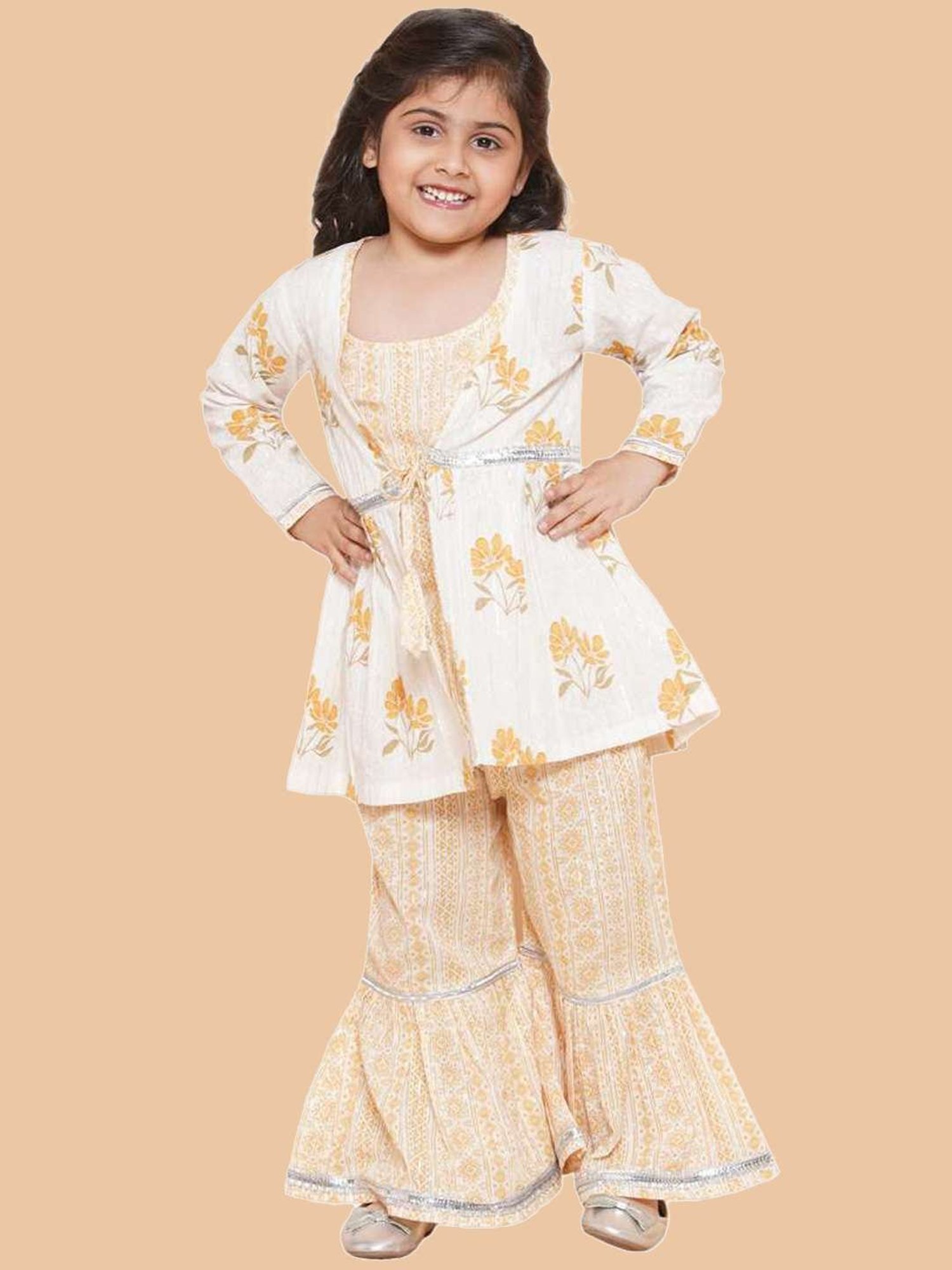 AJ Dezines Kids Yellow & White Cotton Printed Kurta Set