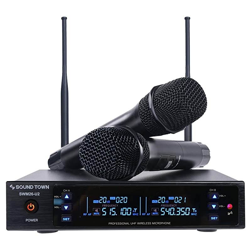 Metal 200 Channels UHF Wireless Microphone System with 2 Handheld Microphones and Auto Scan for Church School Outdoor Wedding Meeting Party and Karaoke SWM26U2HH