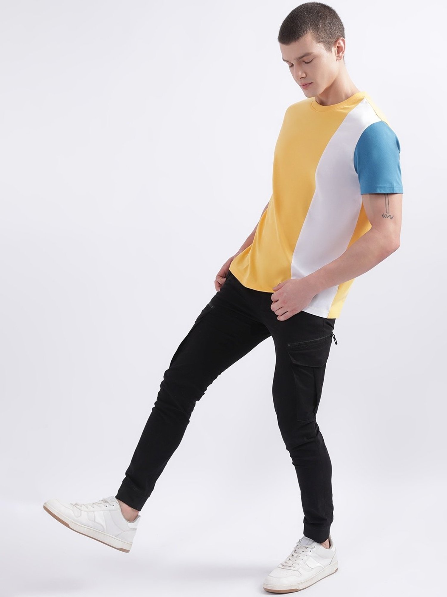 Iconic Yellow Cotton Regular Fit Colour Block T-Shirt