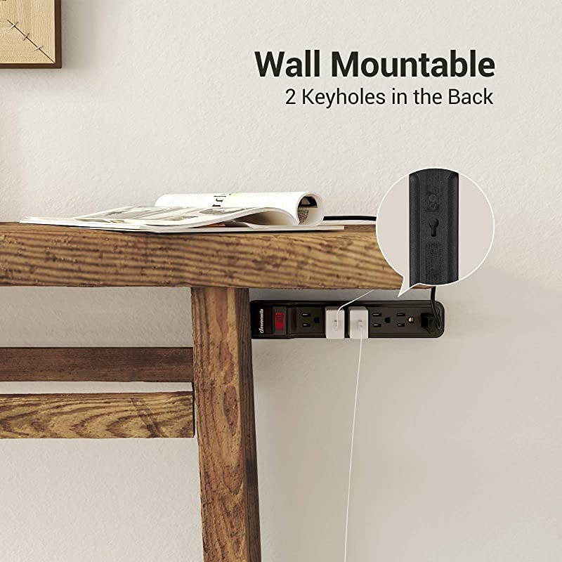 6Outlet Power Strip Surge Protector with Long Extension Cord Low Profile Flat Plug 15 Amp Circuit Breaker 500 Joules Wall Mount UL Listed 25 Foot Black