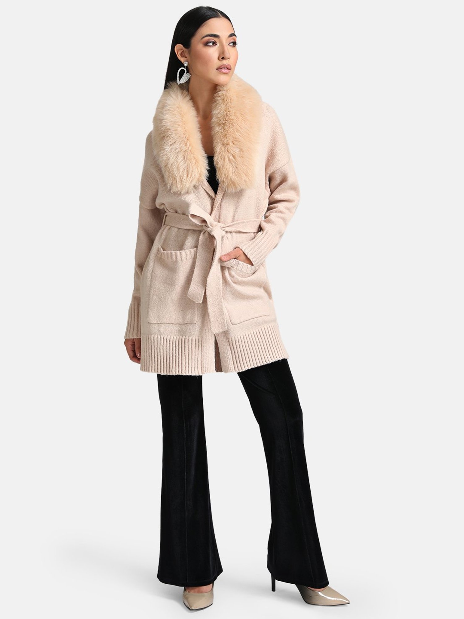 Kazo Belted Cape With Detachable Fur Collar