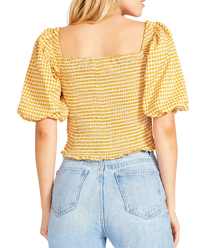 BB Dakota by Steve Madden Sunshine Superwoman Gingham Print Square Neck Puff Sleeve Top