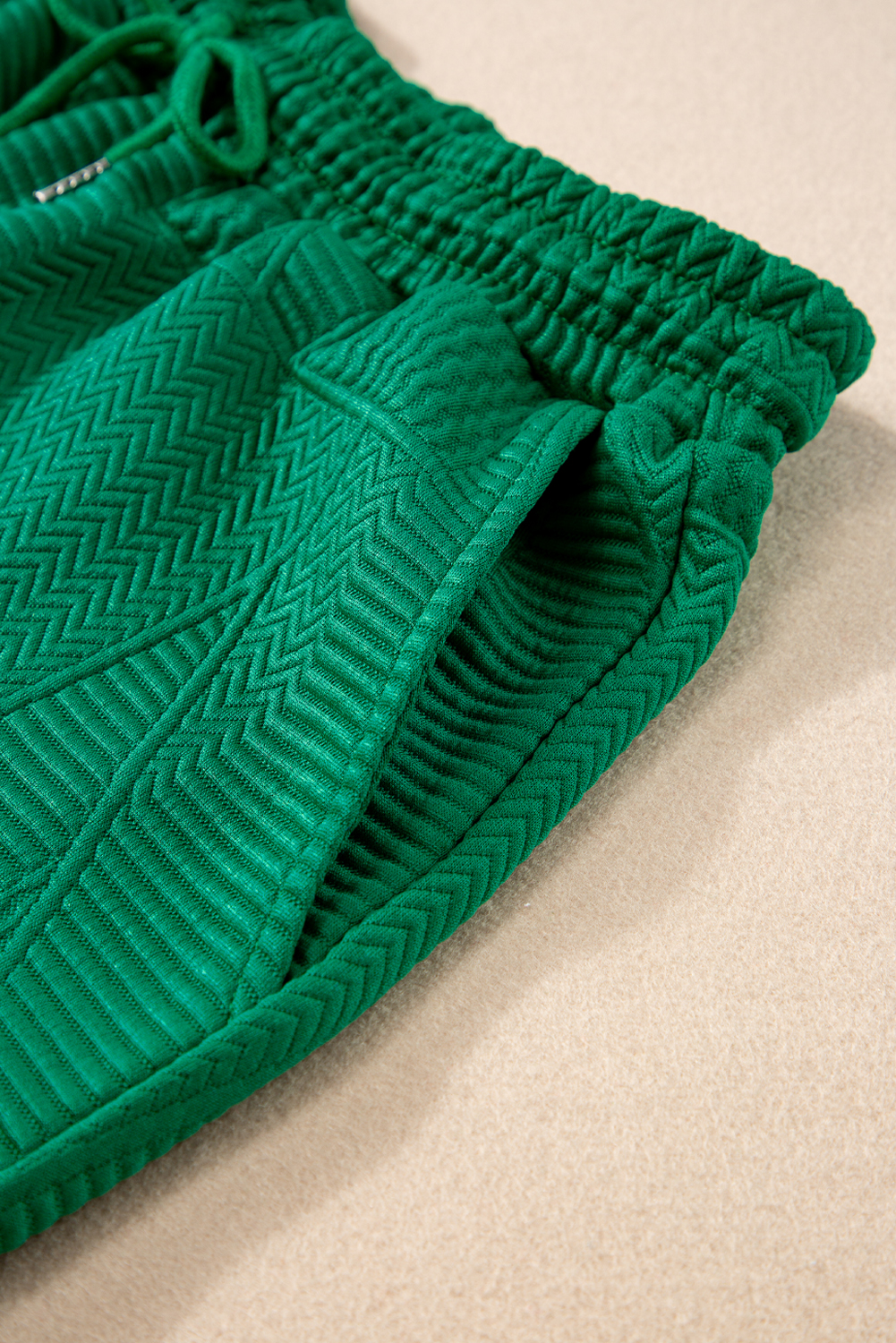 Dark Green Textured Ruffle Split Top and Drawstring Shorts Set