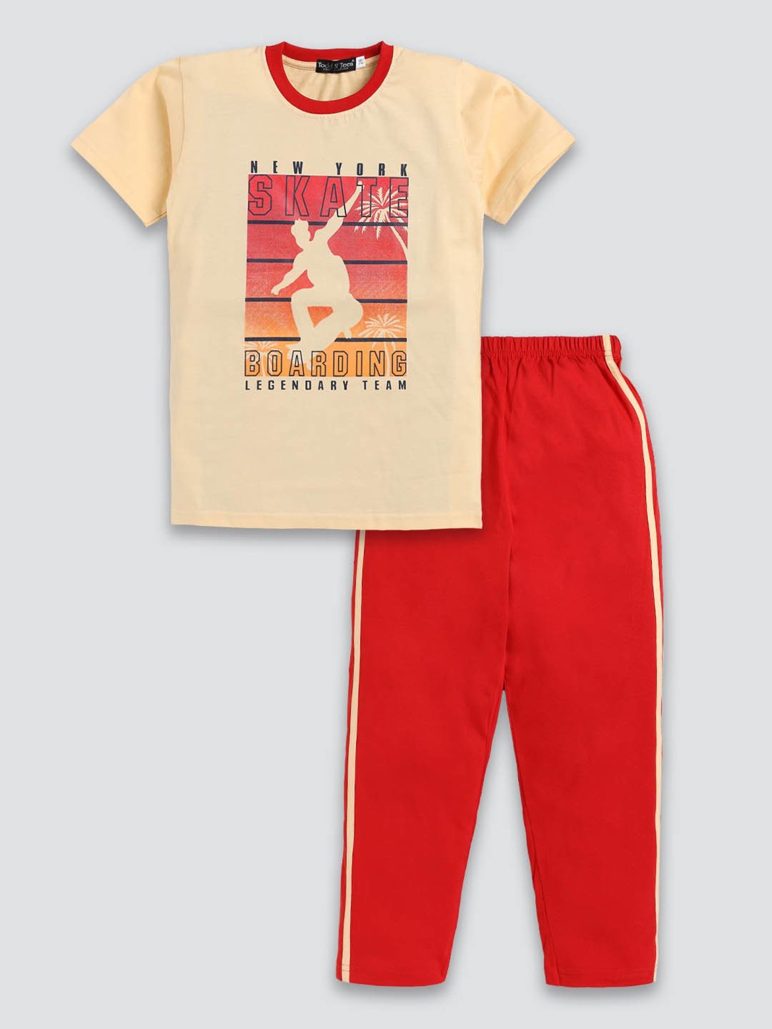 Todd N Teen Kids Beige & Red Printed T-Shirt with Trackpants