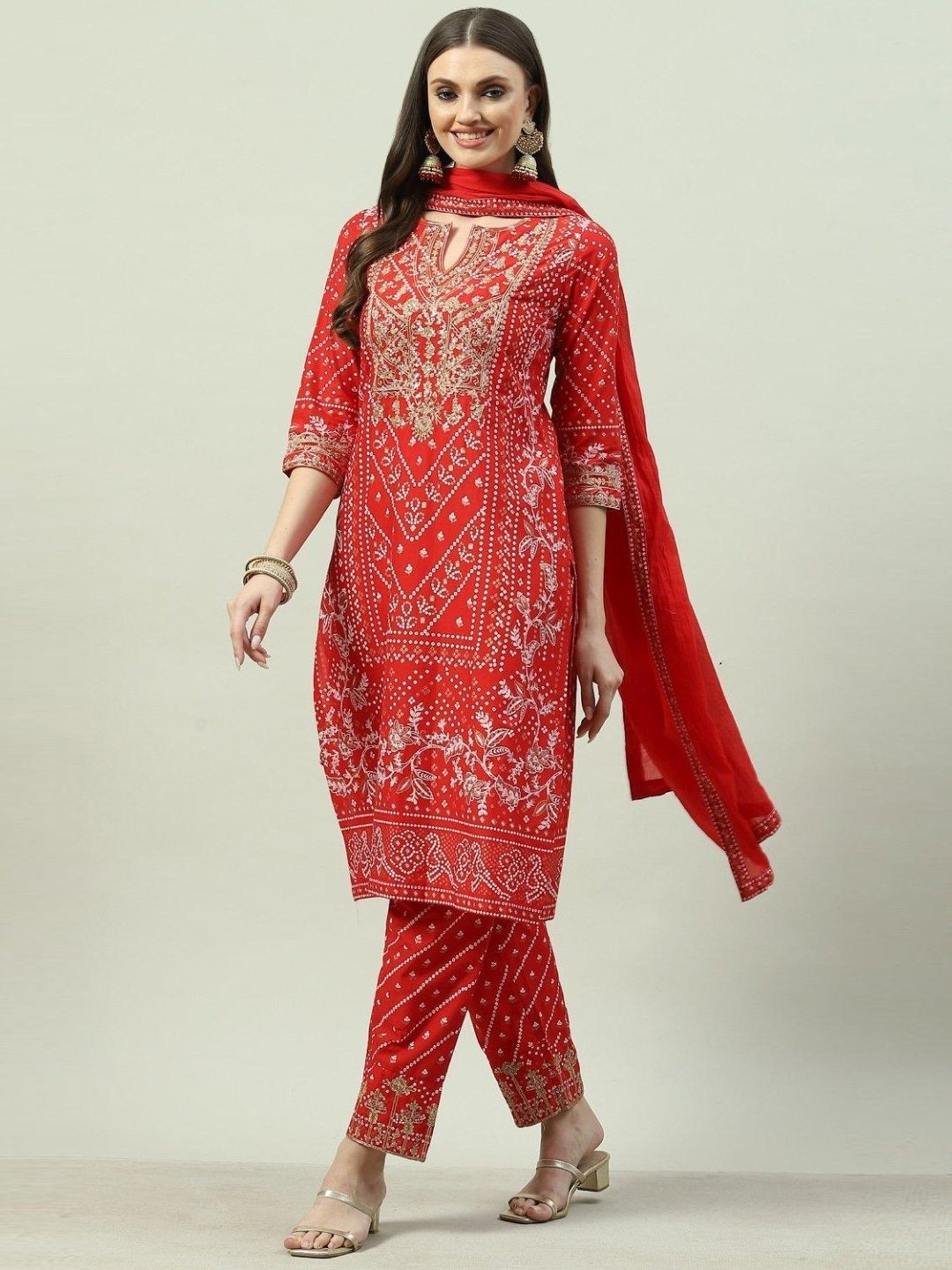 Biba Red Cotton Zari Work Kurta Pant Set With Dupatta