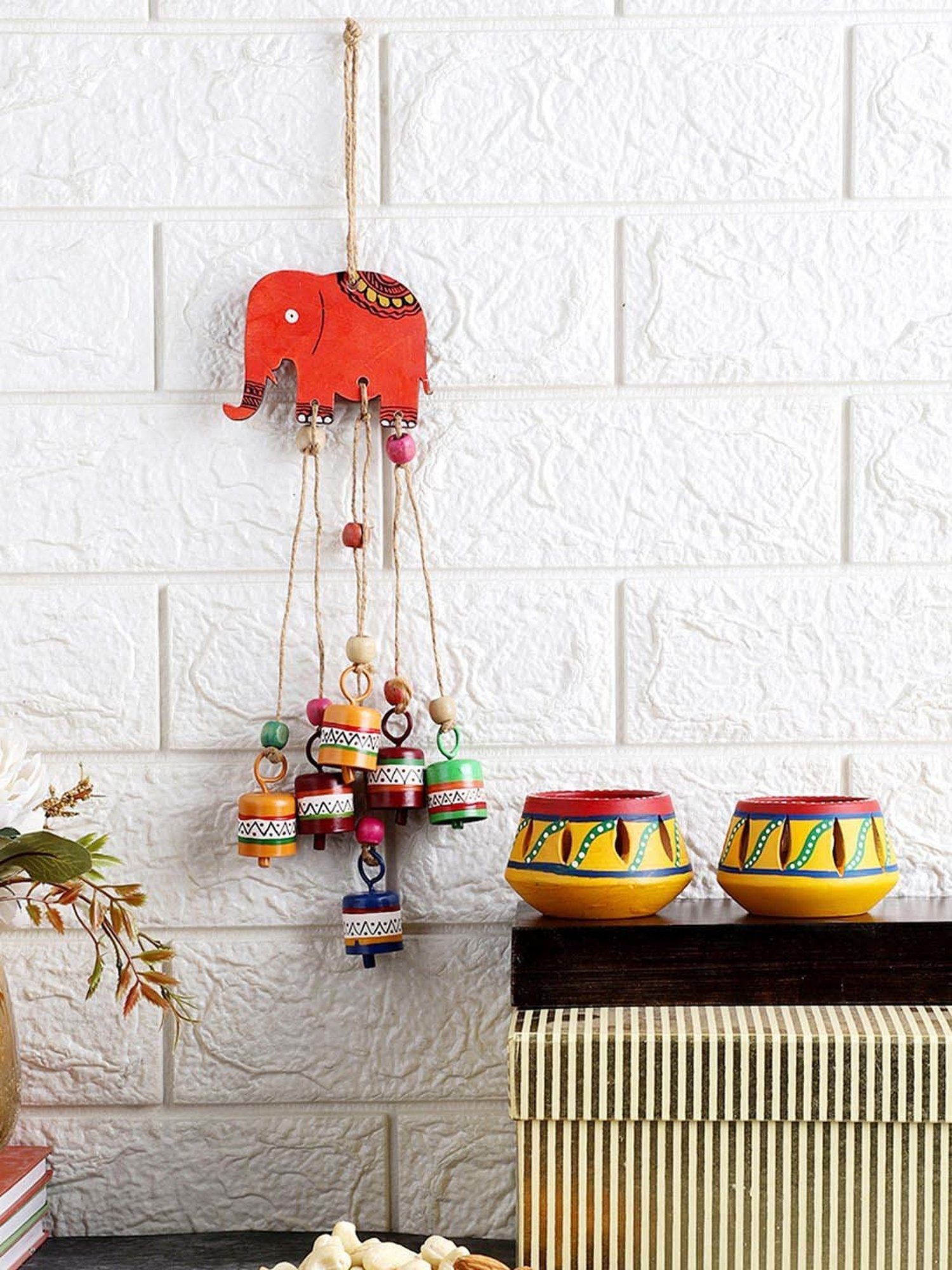 VarEesha Upahaar Multicolor Wood Wall Hanging Wind Chime with 2 Tea Light Holders