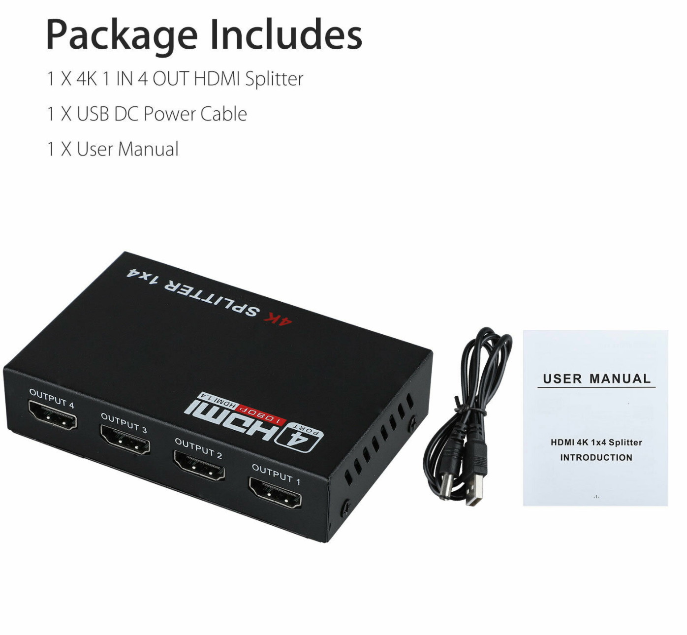 HDMI Splitter 1 in 4 out Full HD 4 Port Hub Repeater Amplifier v1.4 3D 4K 1080p