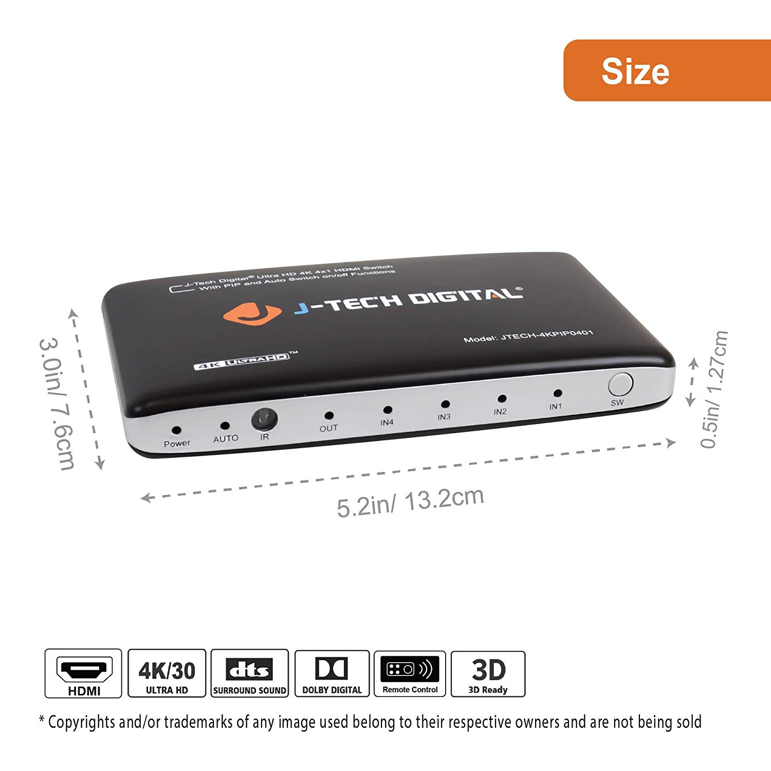 J-Tech Digital 4K@30HZ 4-Port HDMI Switch with PIP, IR, HDCP1.4 Wireless Remote Control, and Auto Switch ON/OFF Functions with Control4 Driver Available