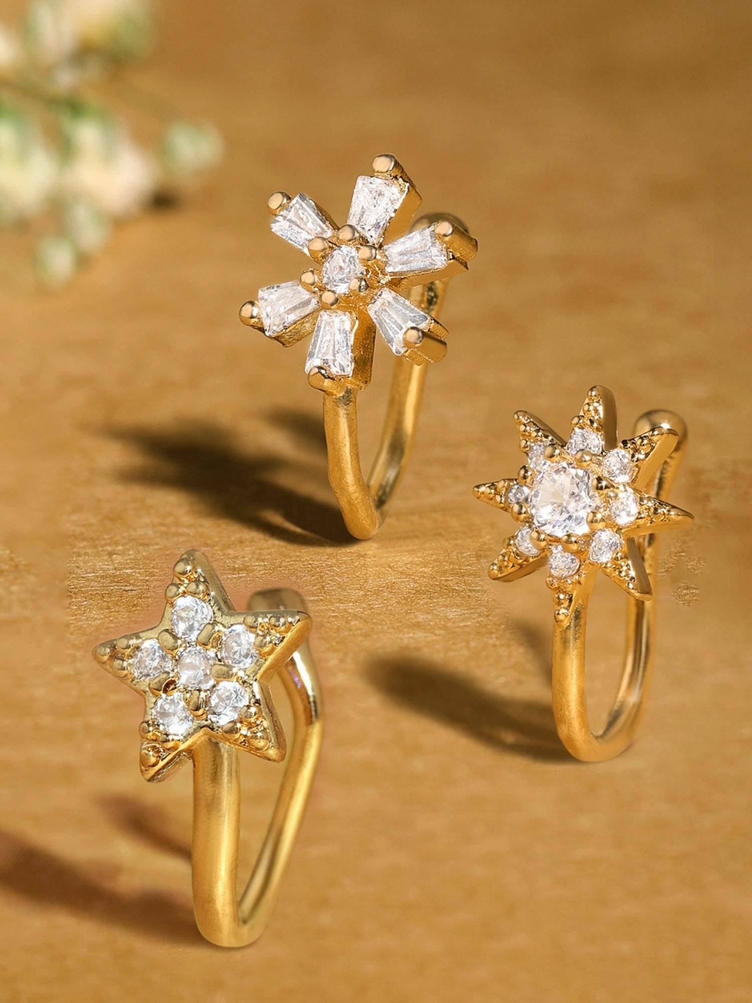 Zaveri Pearls Set of 3 Gold Tone Cubic Zirconia Contemporary Brass Clip On Nose Pins-ZPFK17364