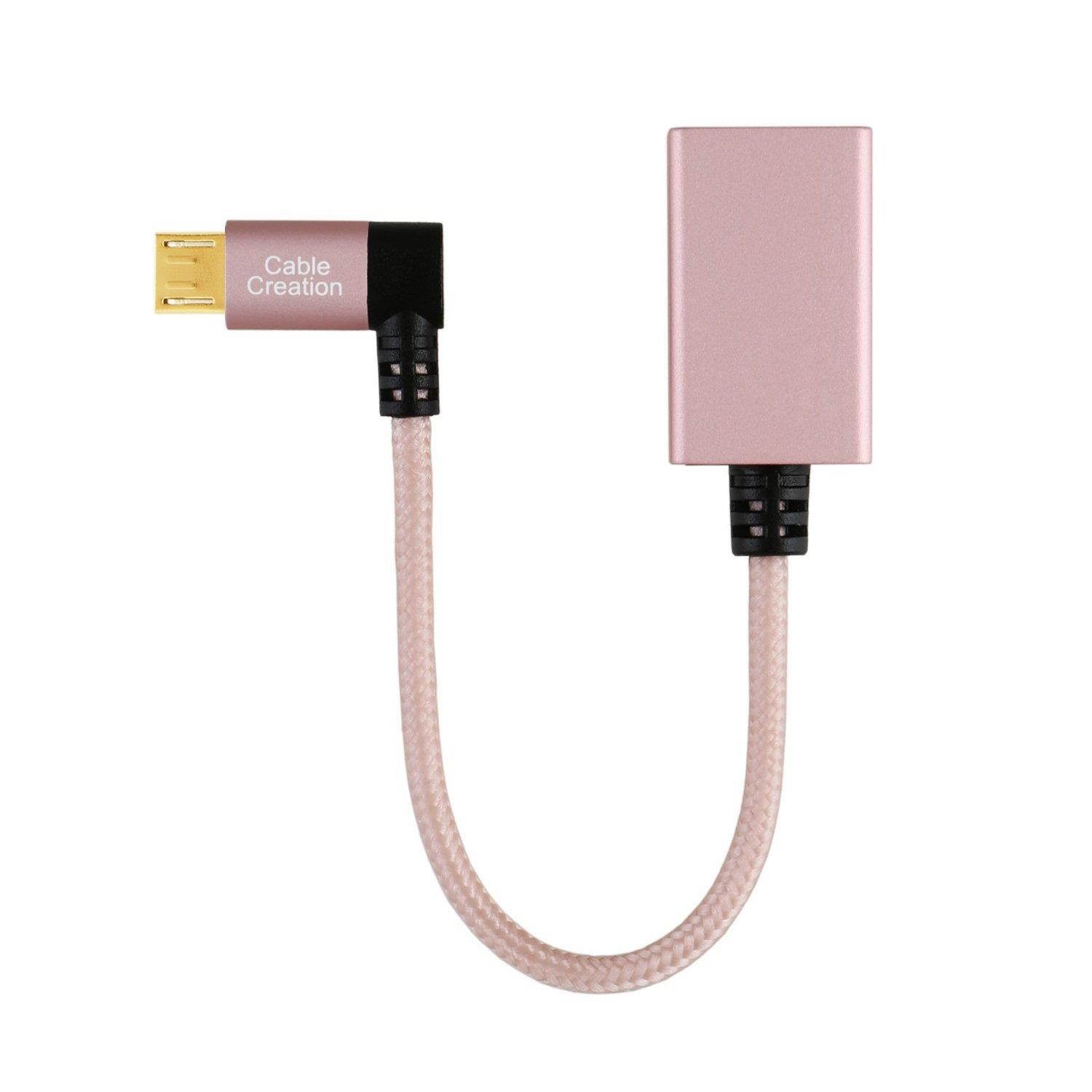 CableCreation 90 Degree Micro USB 2.0 OTG Cable Left Angle Braided On The Go Adapter Micro USB Male to USB Female for Samsung or other Smart Phones with OTG Function, 6 Inch/Rose Gold Aluminum