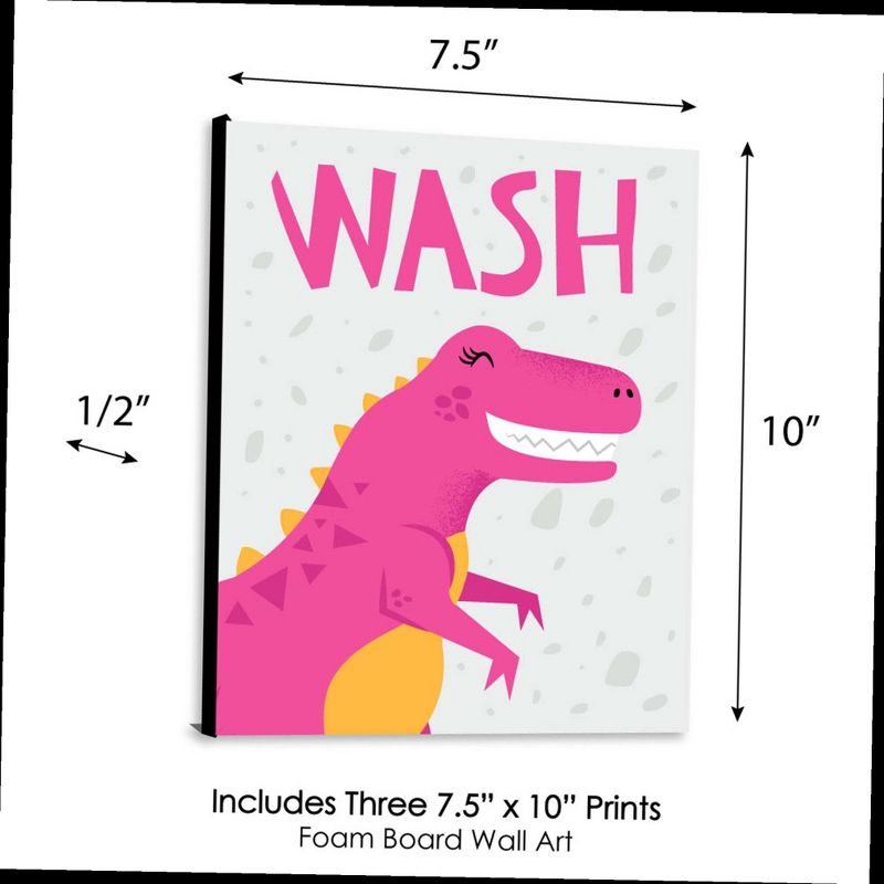 Big Dot of Happiness Roar Dinosaur Girl - Kids Bathroom Rules Wall Art - 7.5 x 10 inches - Set of 3 Signs - Wash, Brush, Flush