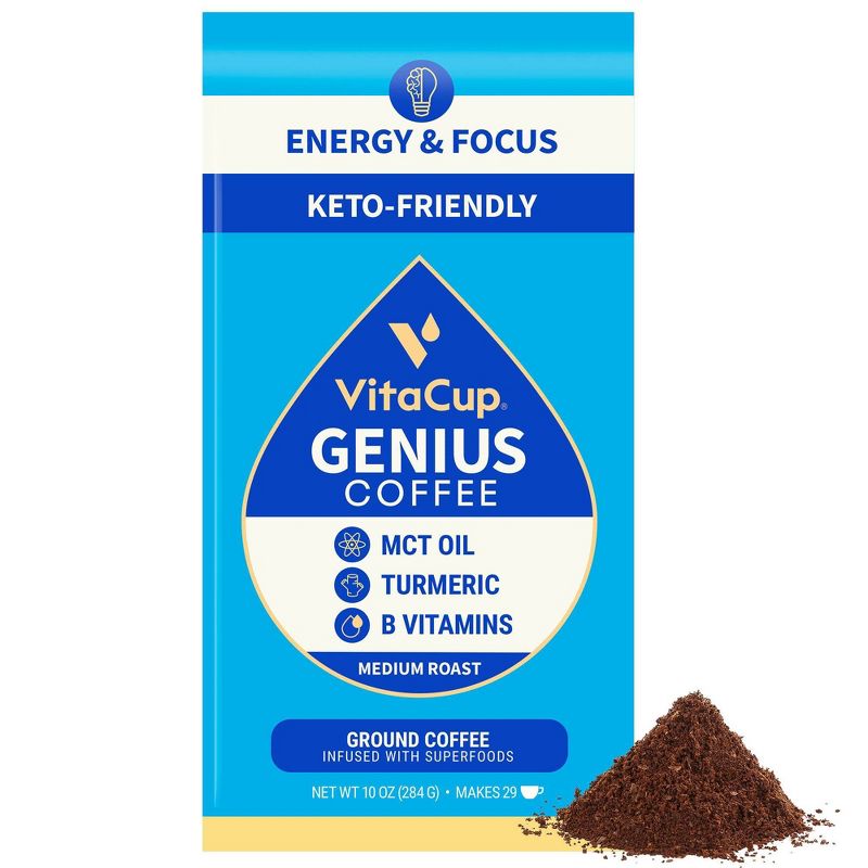 VitaCup Genius Ground Coffee w/ KETO MCT Oil, Turmeric, & B Vitamins (Energy & Focus) Medium Roast - 10oz