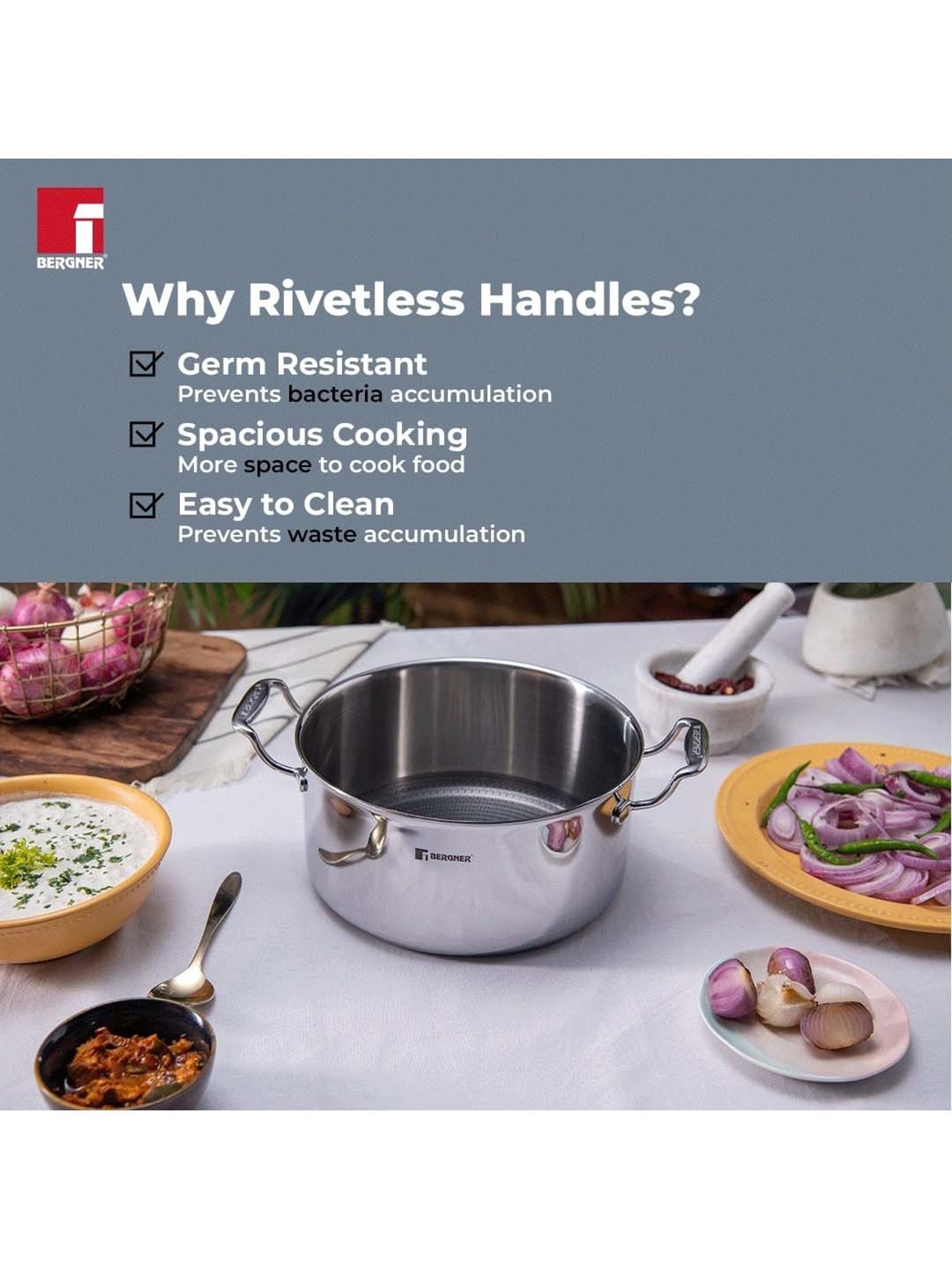 Bergner Hitech Triply Silver Stainless Steel Non Stick 28 cm Casserole With Glass Lid (8.2 L)