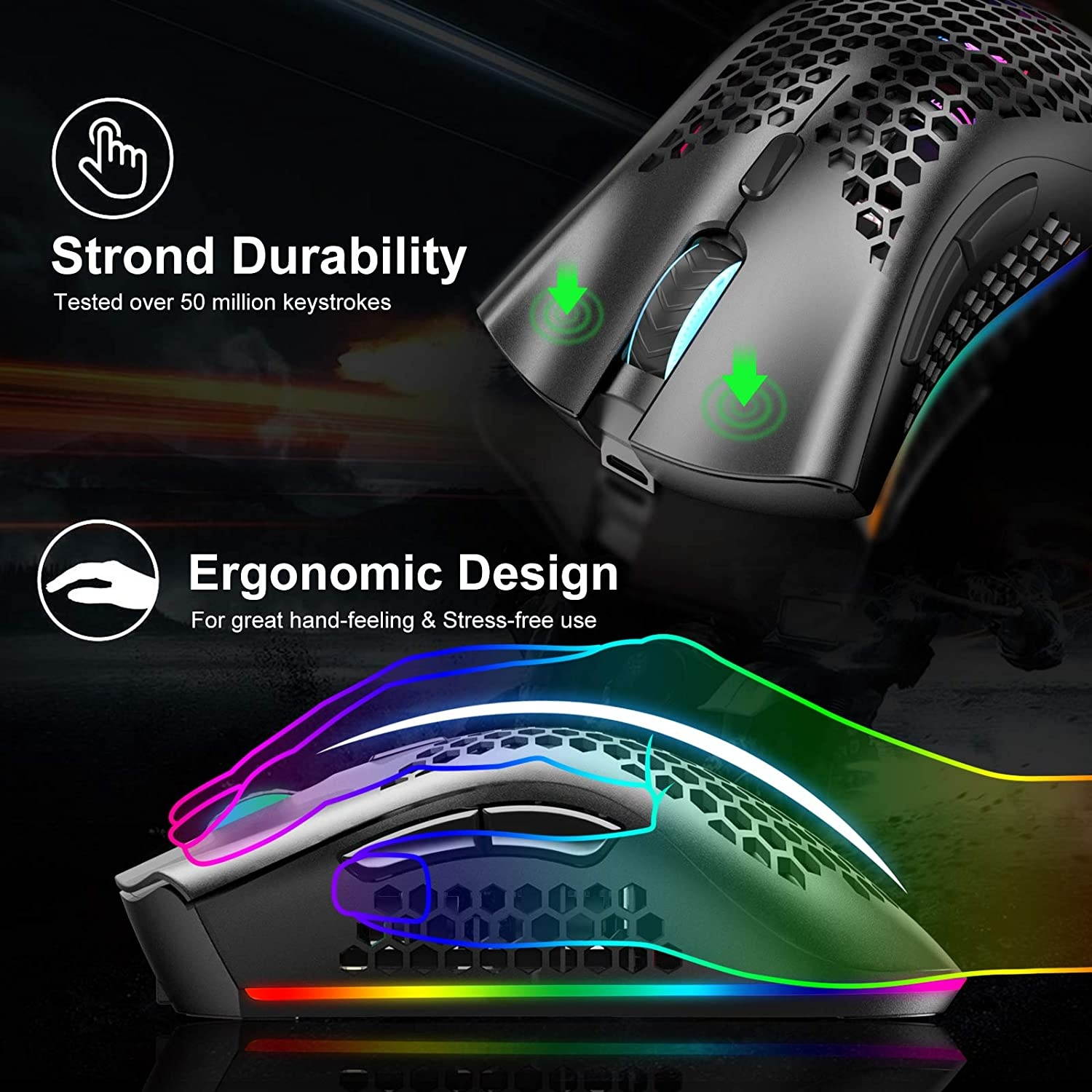 Gaming Mouse Wireless Rechargeable USB Mouse Gaming RGB Chroma Backlit Mouse Hyperspeed Comfortable Grip Ergonomic Optical Mice with Honeycomb Shell for PC Computer Laptop
