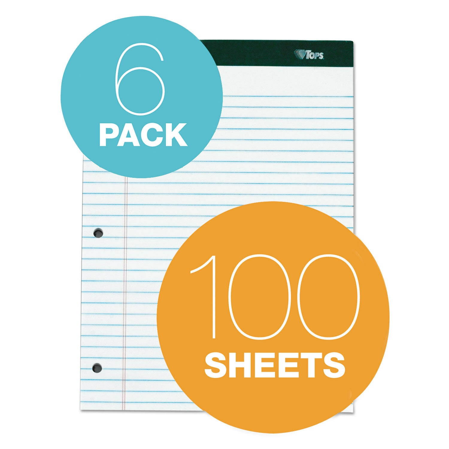 TOPS Double Docket Ruled Pads 8 1/2 x 11 3/4 White 100 Sheets 6 Pads/Pack 63437