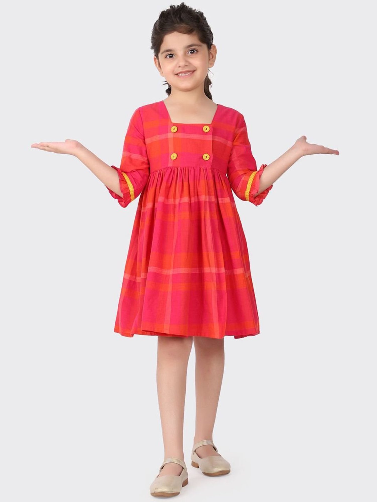 Fabindia Kids Red Cotton Chequered Dress