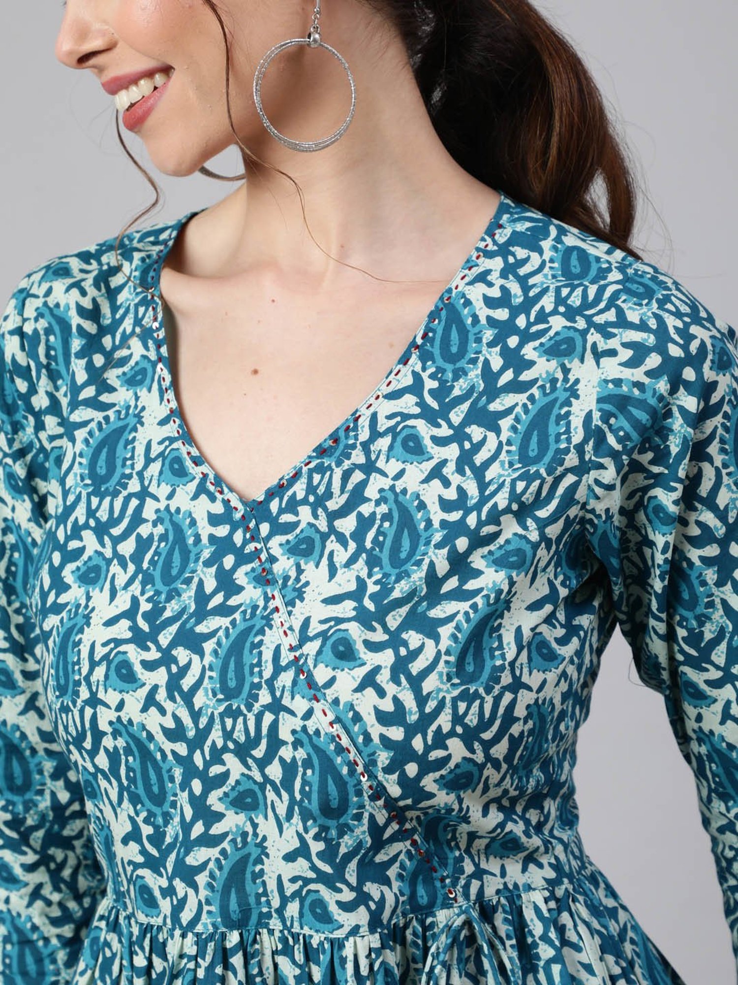 Jaipur Kurti Turquoise Printed Peplum Top