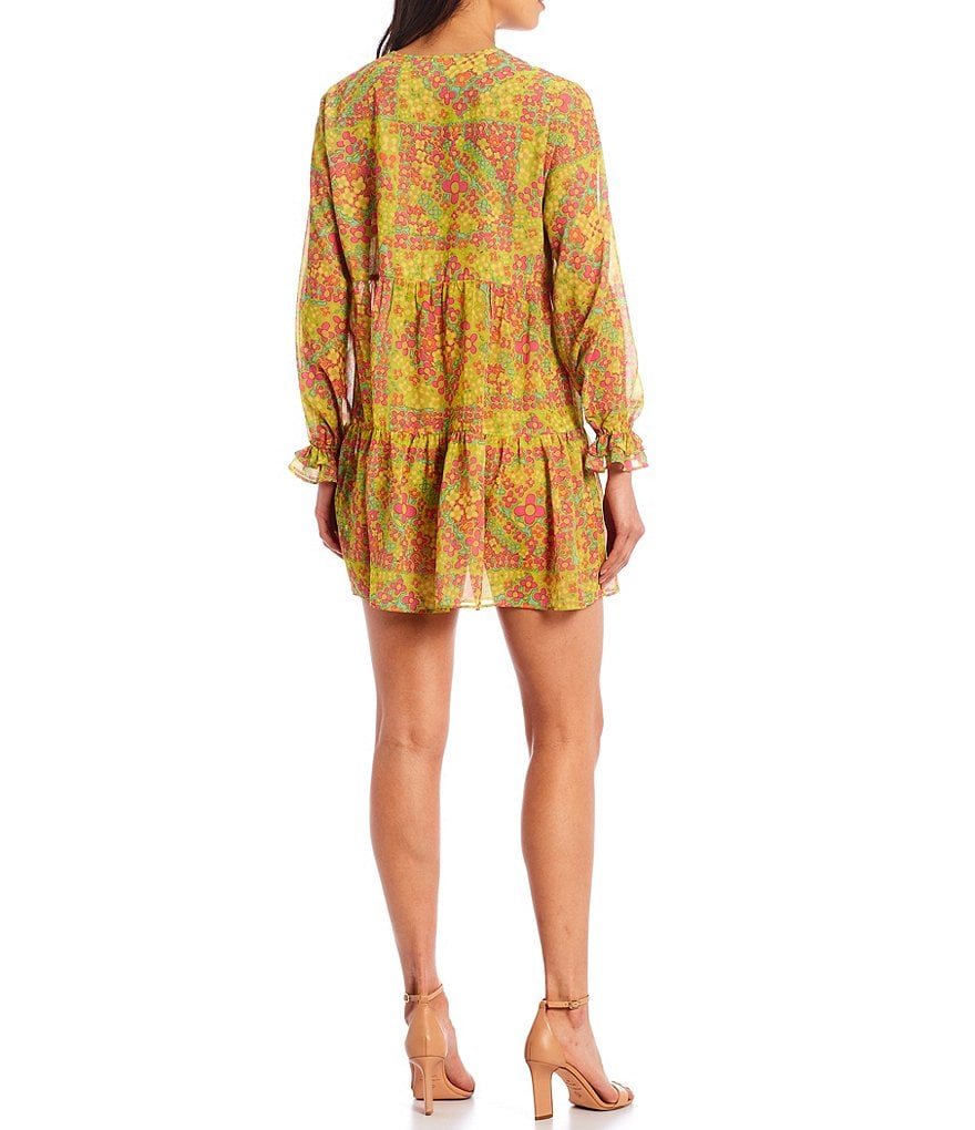 Julie Brown Catherine Long Sleeve Jewel Keyhole Neck Tiered Dress