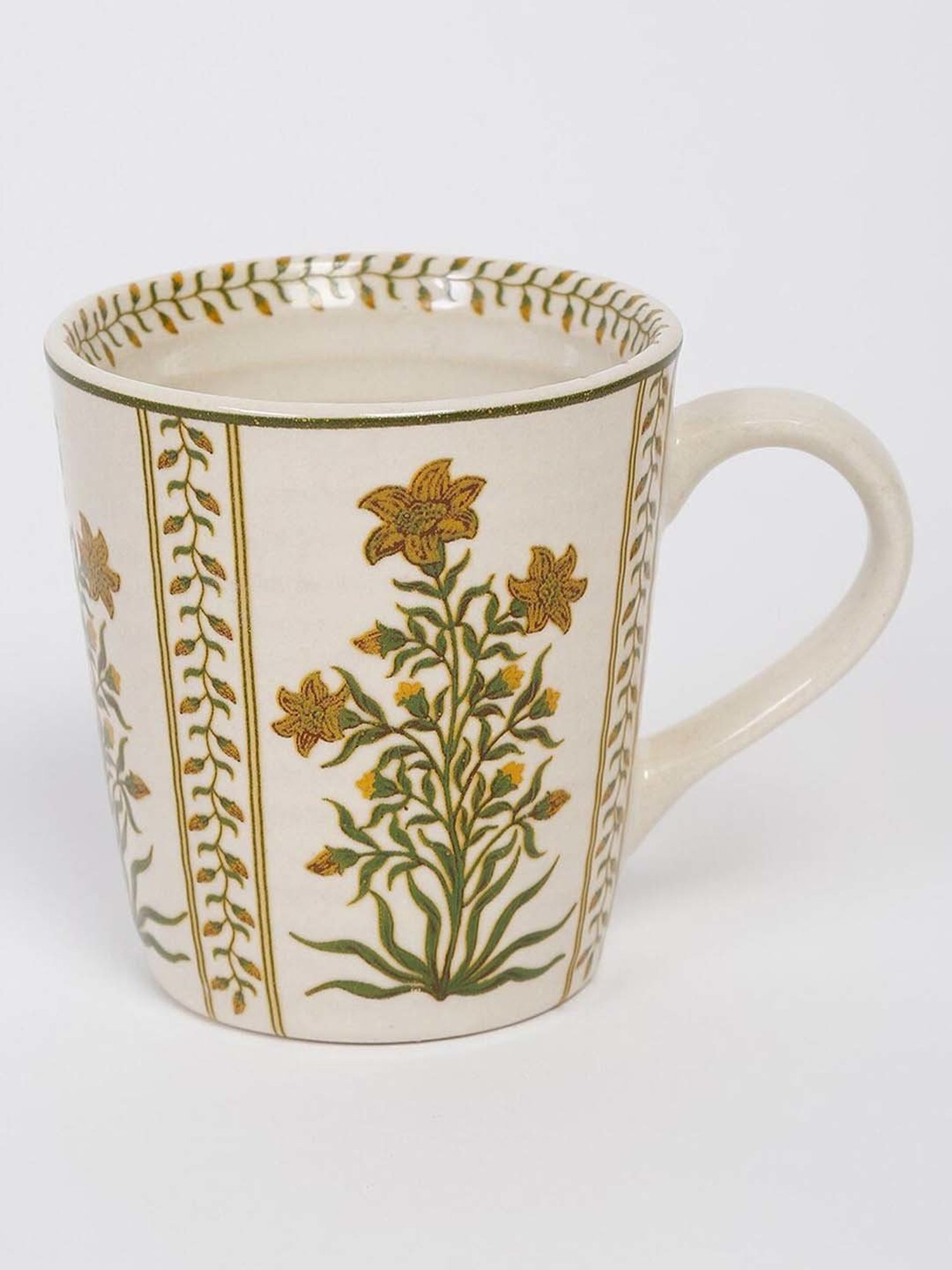 Fabindia Home Gul White & Yellow Ceramic Mugs (0.3 L) - Set of 2