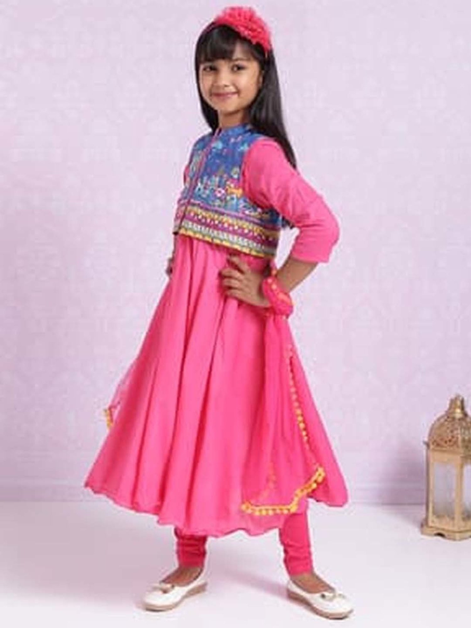 Biba Kids Pink & Blue Regular Fit Kurta Set