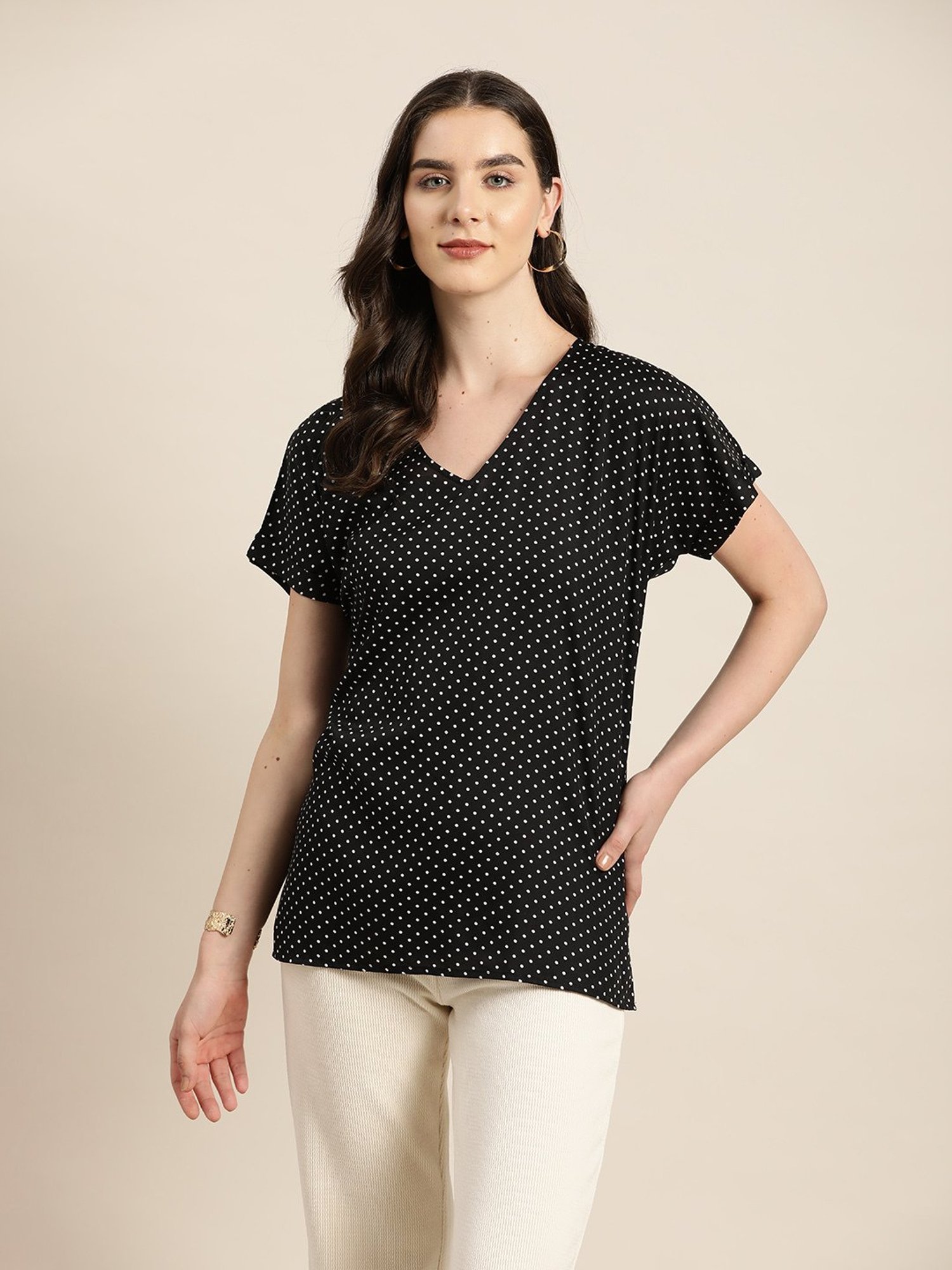Qurvii Black Polka Dot Print Top