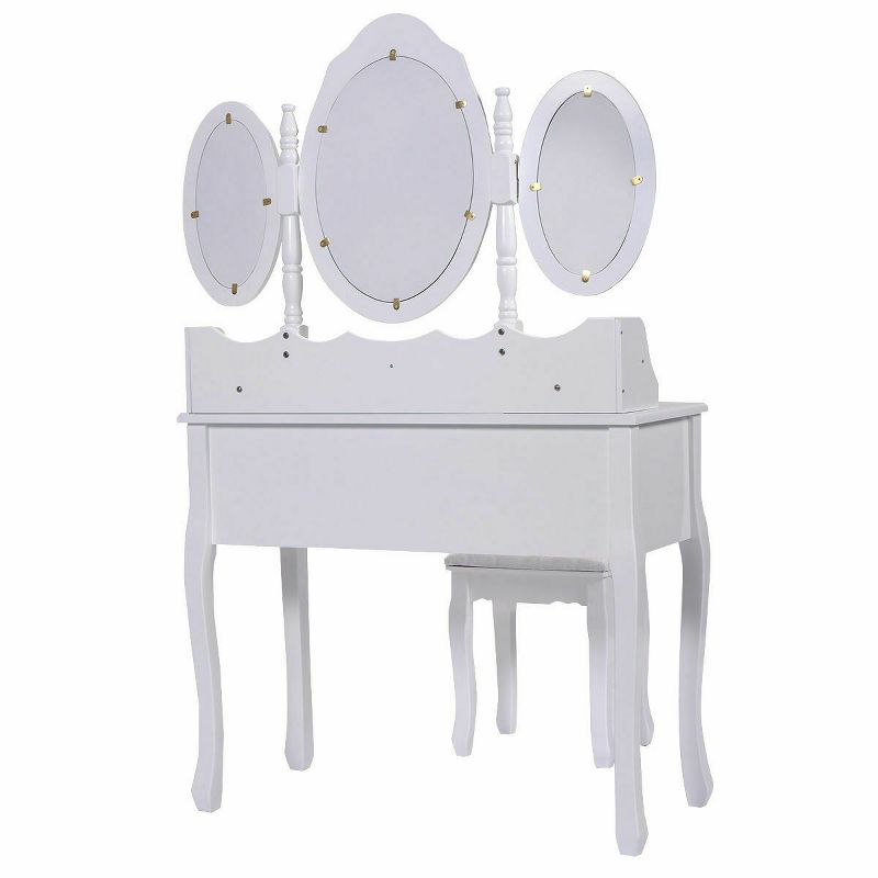 Costway White Tri Folding Oval Wood Vanity Makeup Table Set 7 Drawers