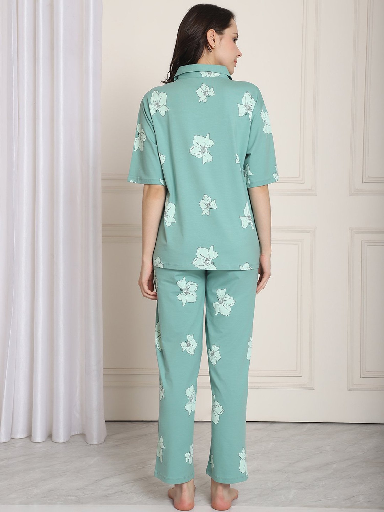 Kanvin Blue Cotton Printed Shirt Pyjamas Set