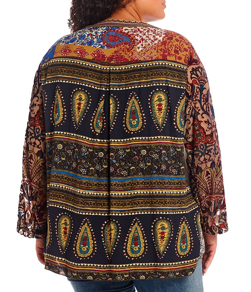John Mark Plus Size Embroidered Long Sleeve Mixed Media Roll Tab Burnout Sleeve Top
