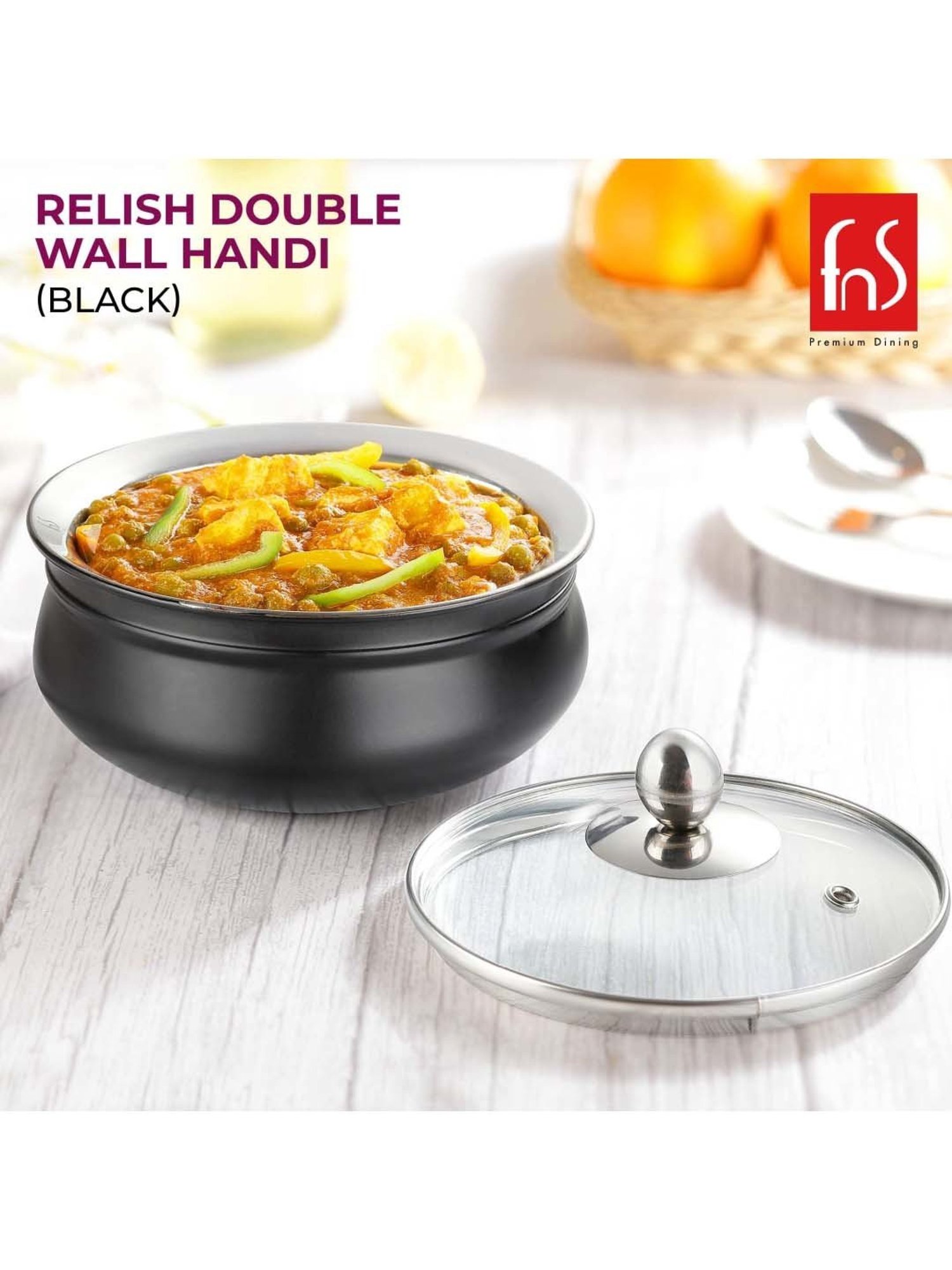 FnS Relish Black Stainless Steel Handi With Lid (0.5 L)