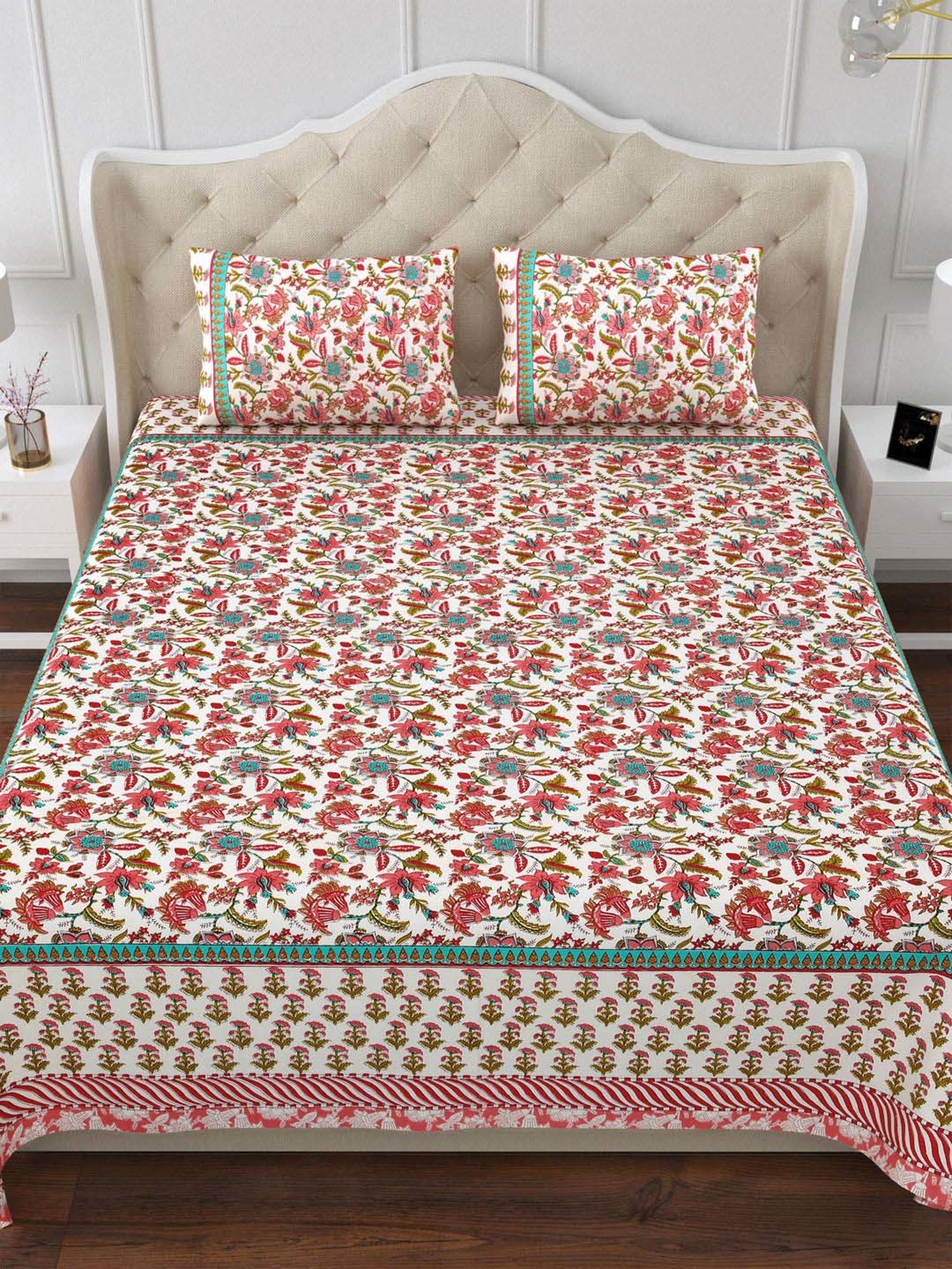 Aapno Rajasthan Rajmahal Blossom Rust & Green Cotton 140 GSM Double Bedsheet With 2 Pillow Cover