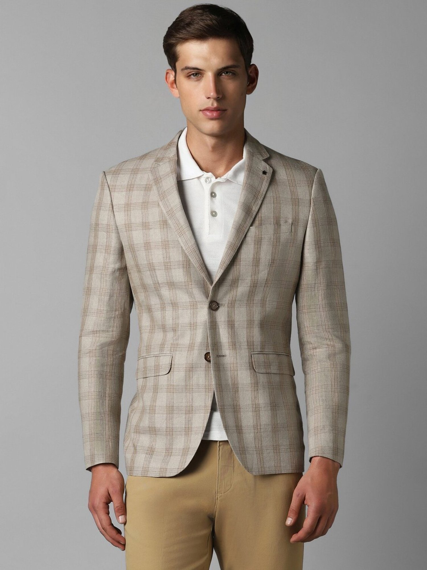 Louis Philippe Beige Linen Slim Fit Checks Blazer