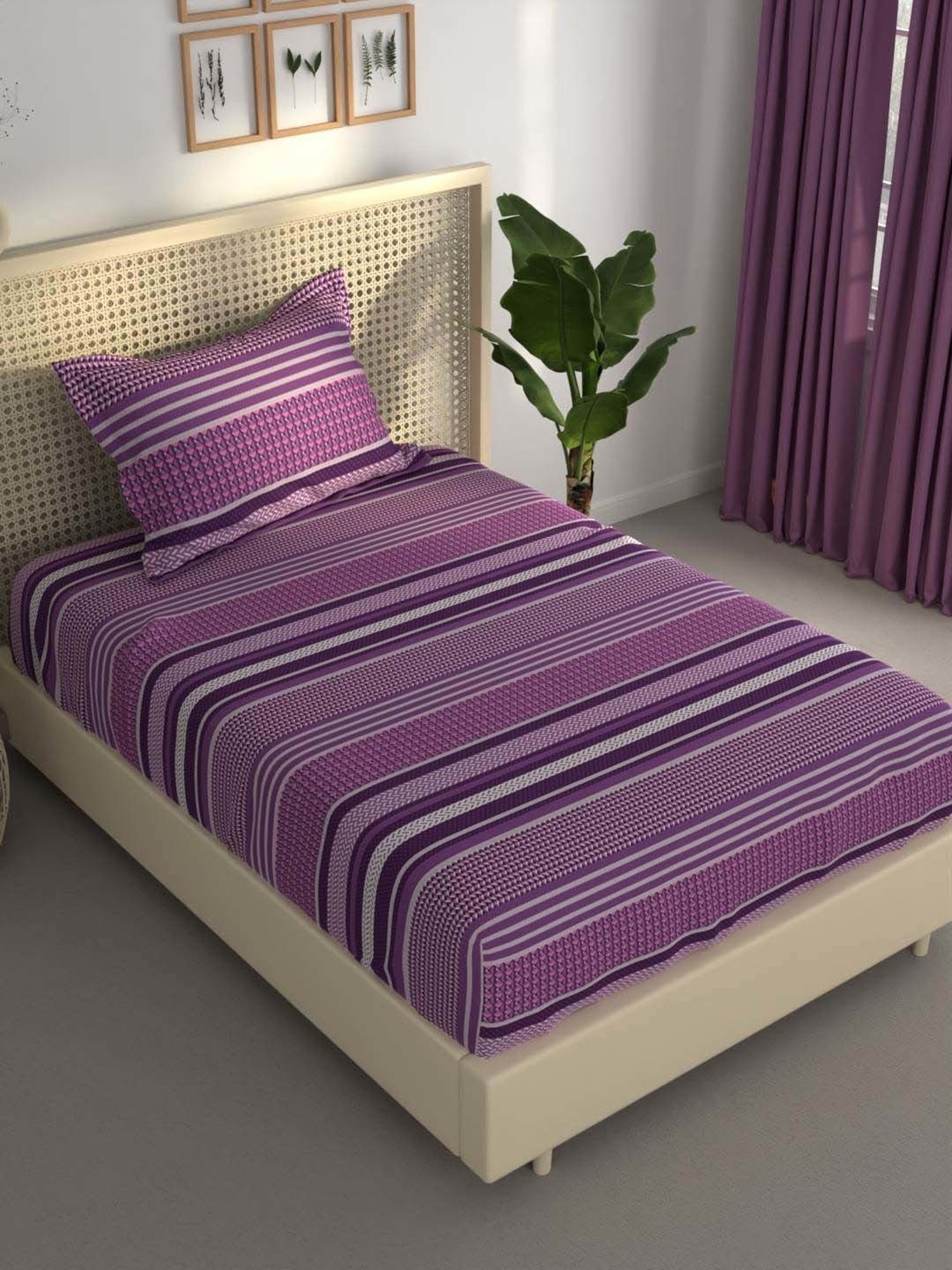 BIANCA Estonia Pink & Purple Cotton 116 TC 115 GSM Single Size Bedsheet With Pillow Cover