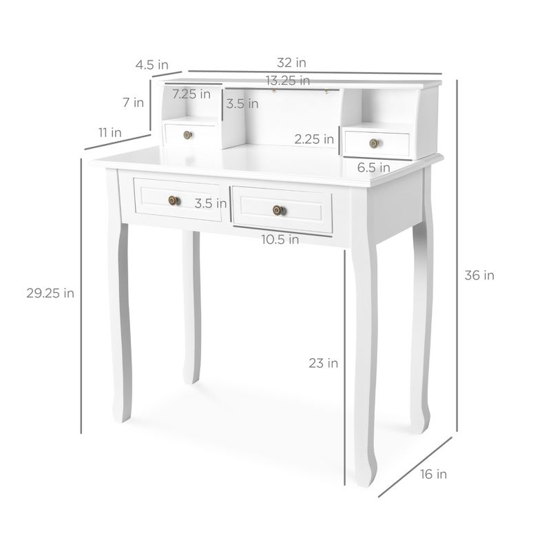 Best Choice Products 32in Colonial Writing Desk for Home Office Study w/ 4 Drawers, 2 Cubbies, Floating Hutch - White