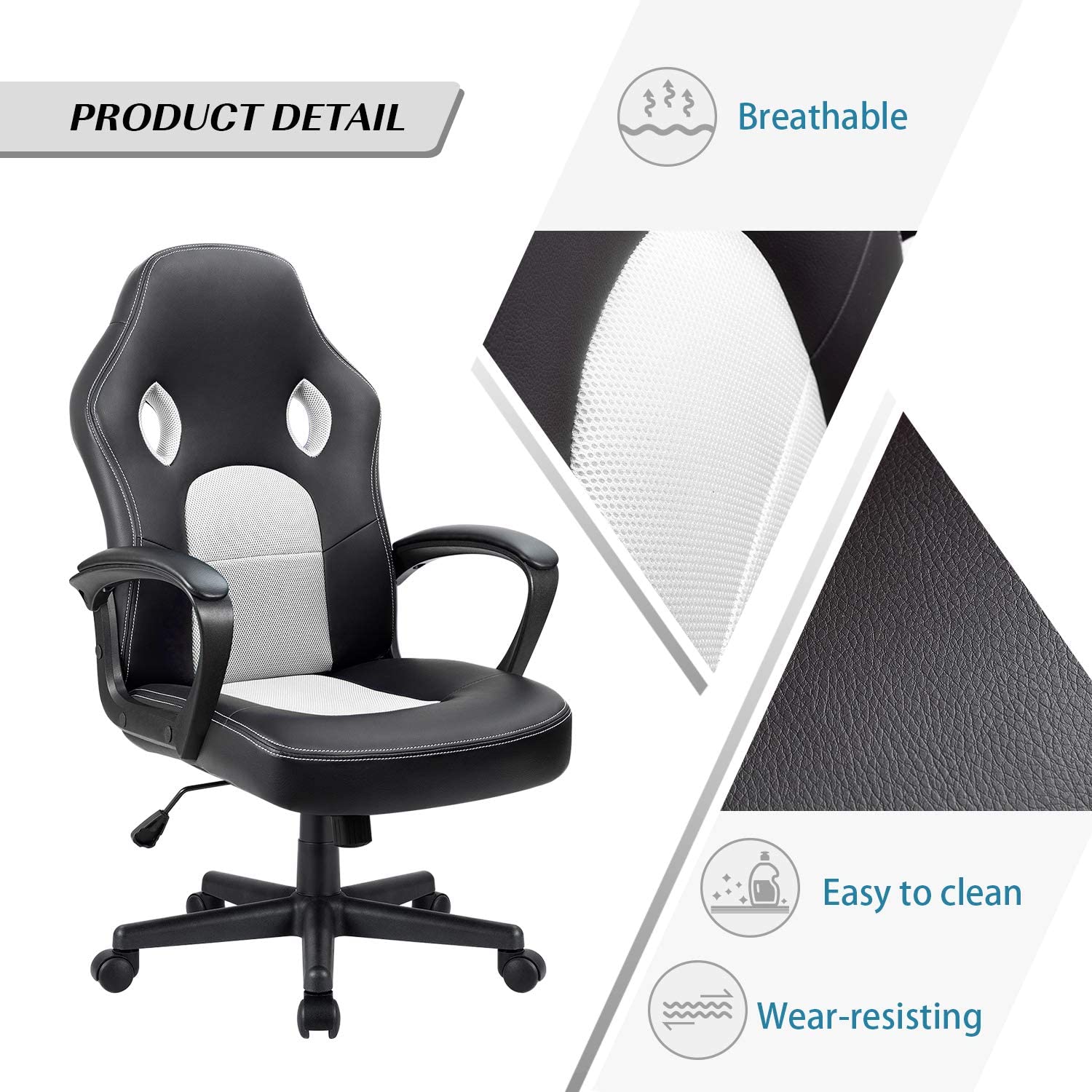 Furmax Office Desk Leather Gaming, High Back Ergonomic Adjustable Racing Task Swivel Executive Computer Chair Headrest and Lumbar Support (Black)