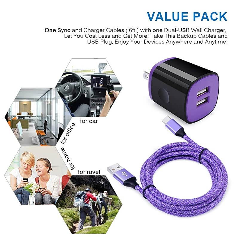 Type C Phone Charger  USB Wall Adapter Plug + 6ft C Charger Cable Compatible with LG Stylo 5 4 G8 G7 V50 V40 V35 ThinQ Q7 Plus V30 V20 G6 G5 Samsung Galaxy A50 10E A20 A80 OnePlus 7 Pro 6T 5