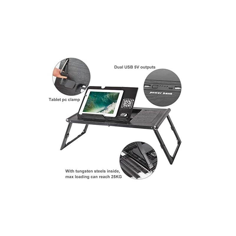 Foldable Laptop Bed Tray Tablet Charging Table Adjustable Lap Desk with Builtin 10000mAh Rechargeable Power Bank and LED Light Portable Laptop Table Breakfast Food Table Reading Desk Black