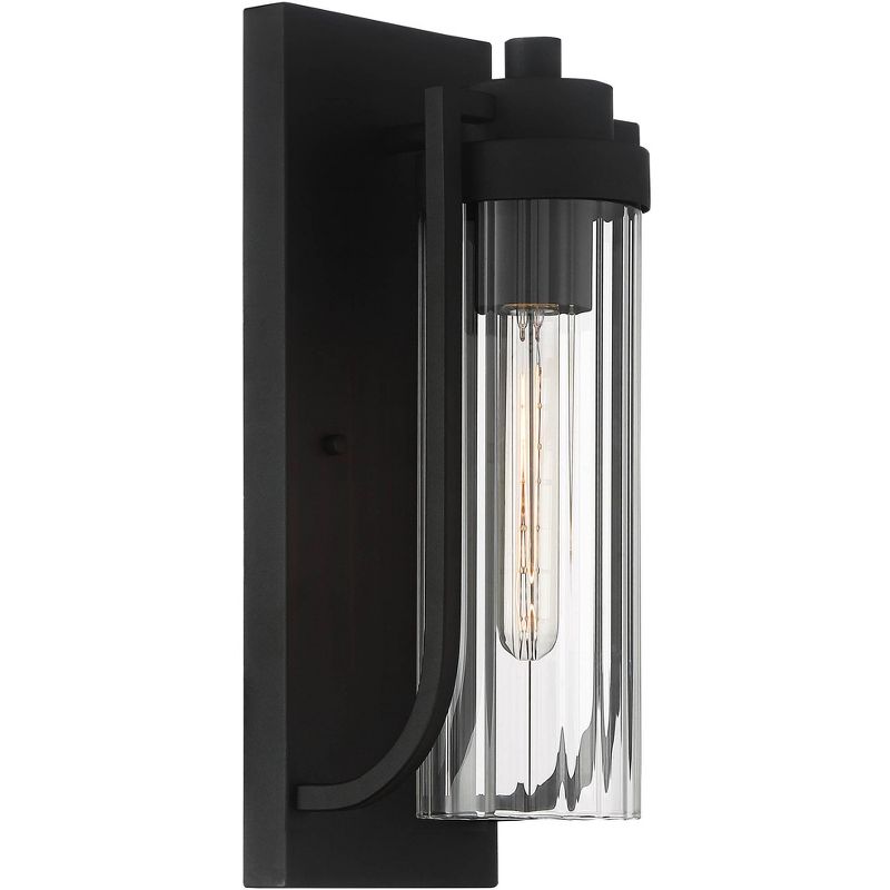 Possini Euro Design Modern Outdoor Wall Light Fixture Textured Black 15 1/2" Clear Ribbed Glass Exterior House Porch Patio Deck