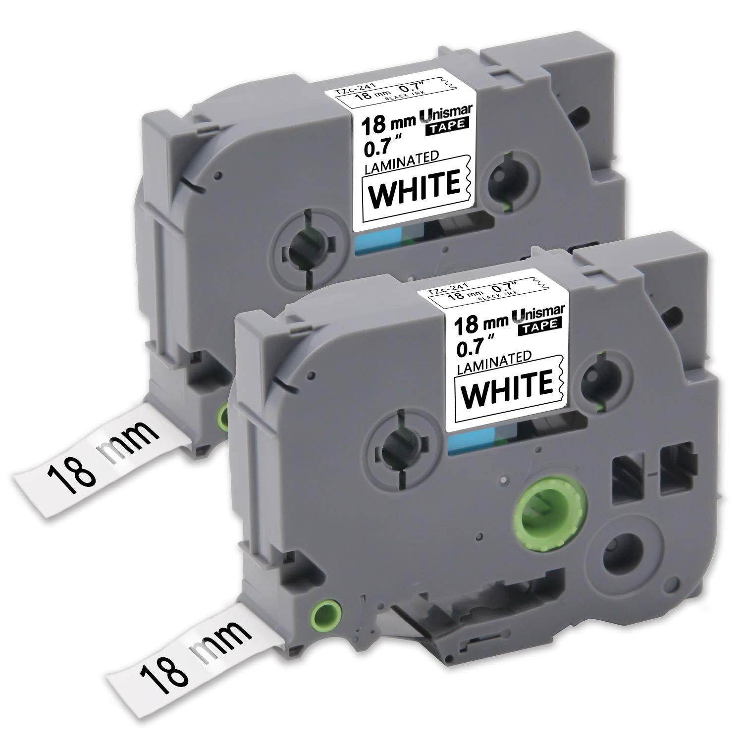P Touch Label Tape 18mm 0.7'', Unismar Tze-241 Tze 241 Laminated Black on White Tape Compatible for P-Touch PTD400AD PTD400VP PT-D600 PTD600VP PT-P700 PT-P900W PT-2730, 3/4in x 26.2ft(18mmx8m) 2-Pack
