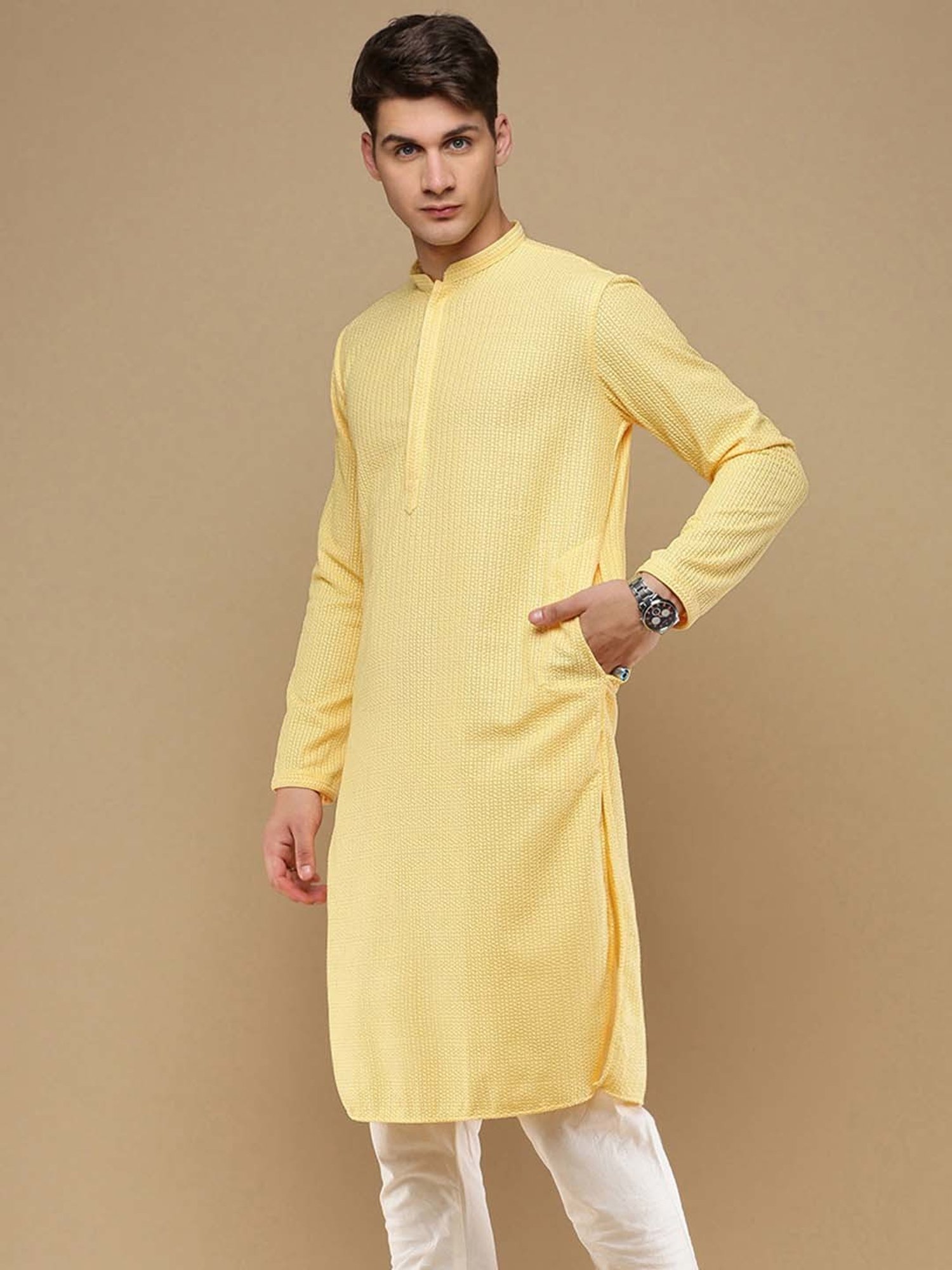 Manthan Red Full Sleeves Solid Kurta
