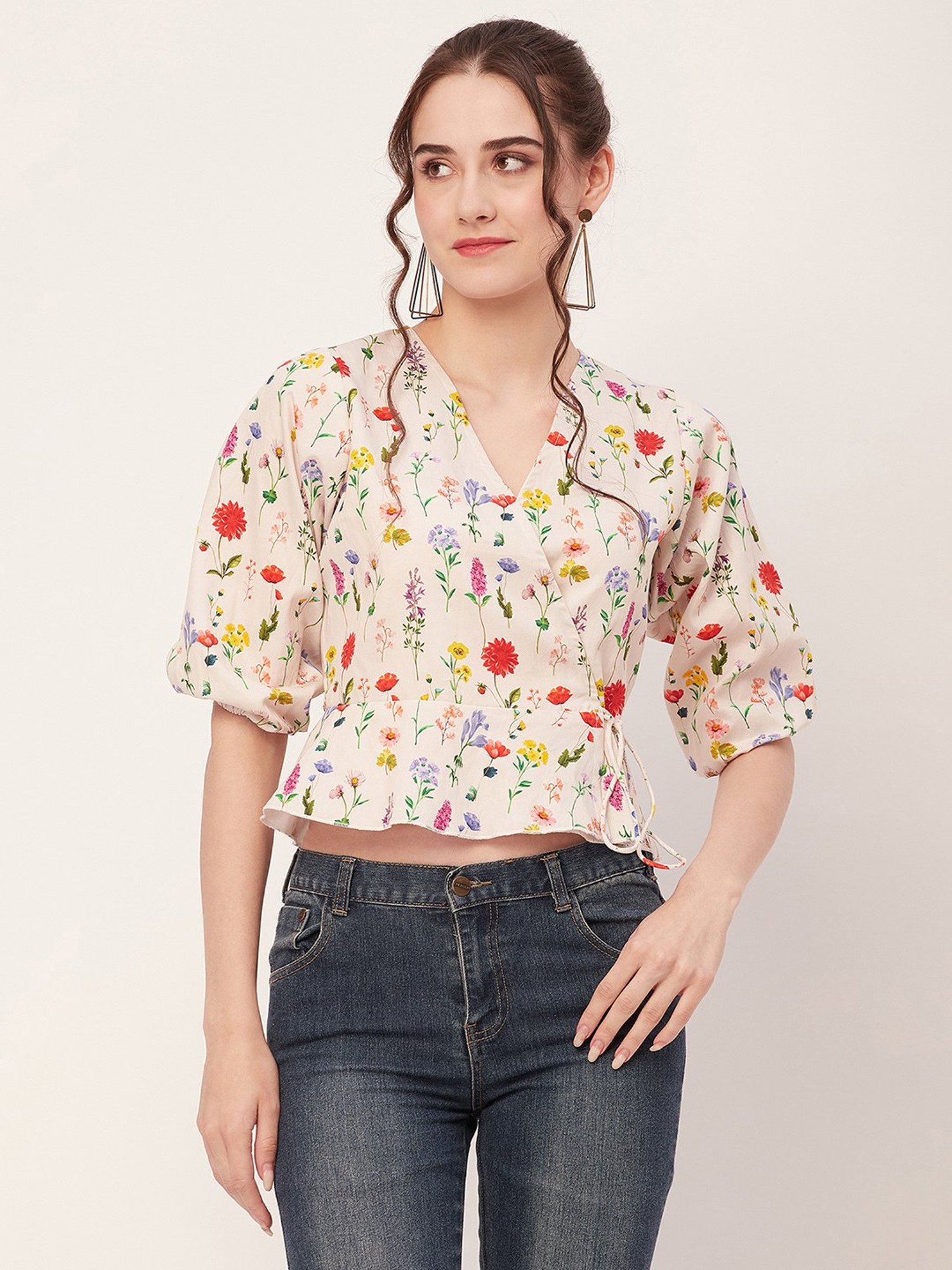 Moomaya Off White Floral Print Crop Top