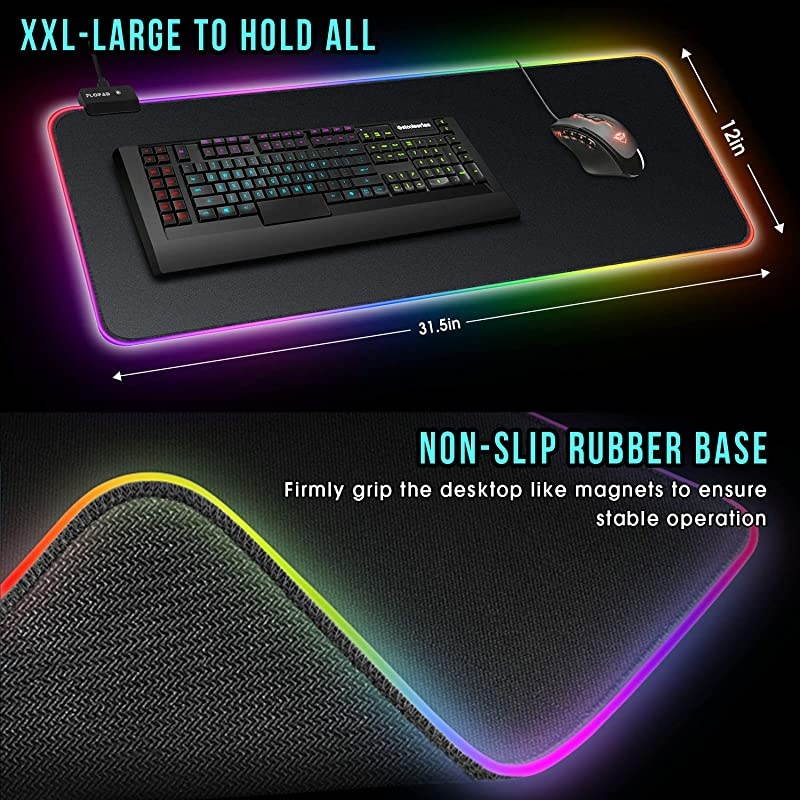 RGB Gaming Mouse Pad - 14 Light Modes Extended Computer Keyboard Mat with Durable Stitched Edges and Non-Slip Rubber Base, High-Performance Mouse Pad Optimized for Gamer 31.5X 11.8in