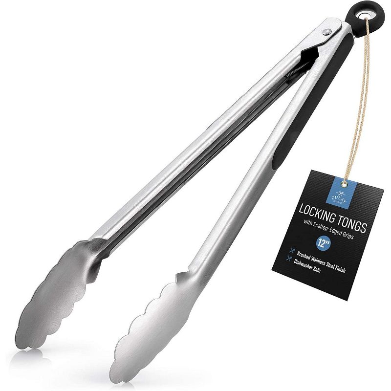 Zulay Kitchen Locking Stainless Steel Tongs - Scallop Head Edge Kitchen Tongs With Lock Mechanism (12 inch)