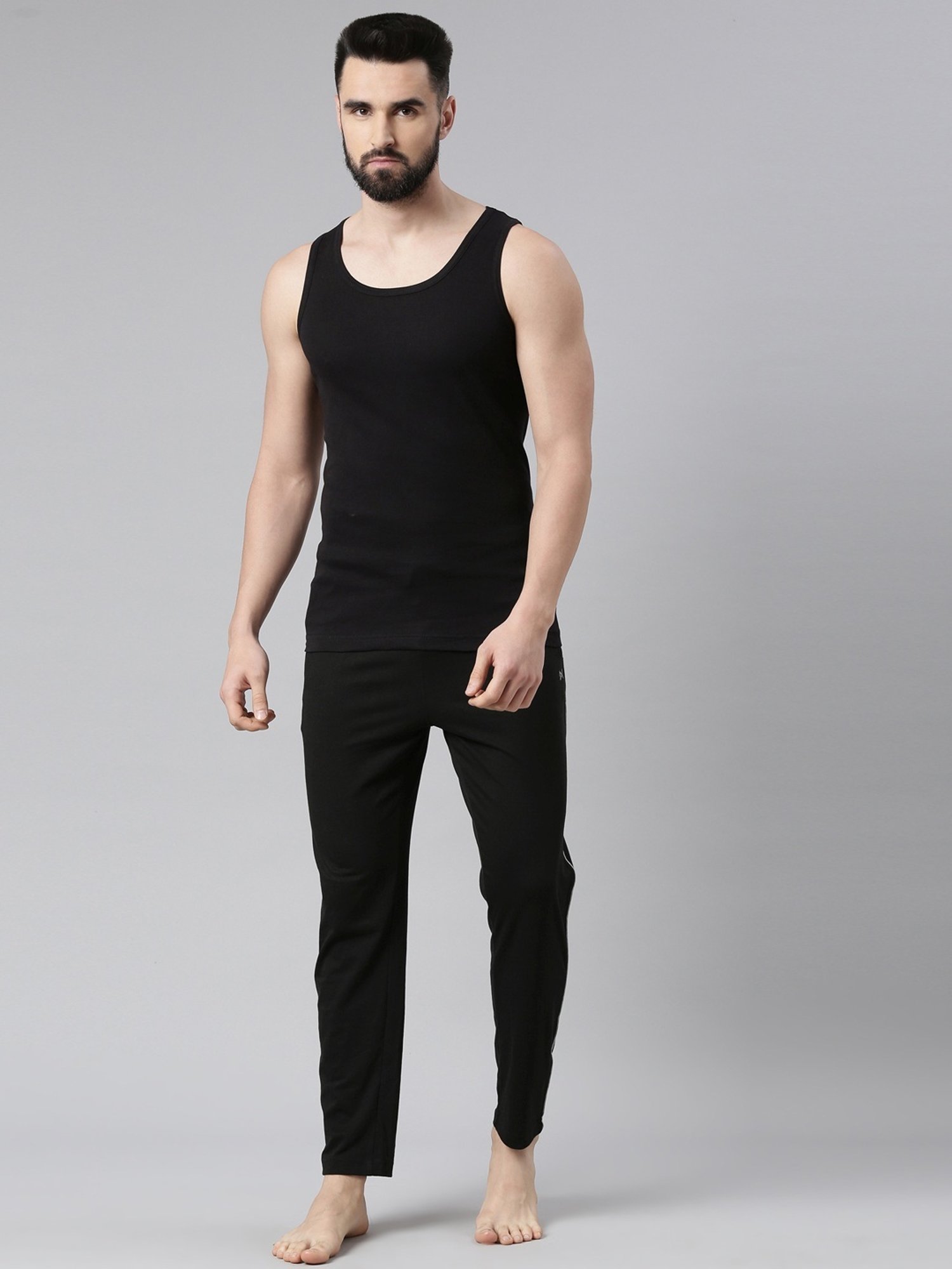 Force NXT Black Cotton Regular Fit Vest - Pack Of 8